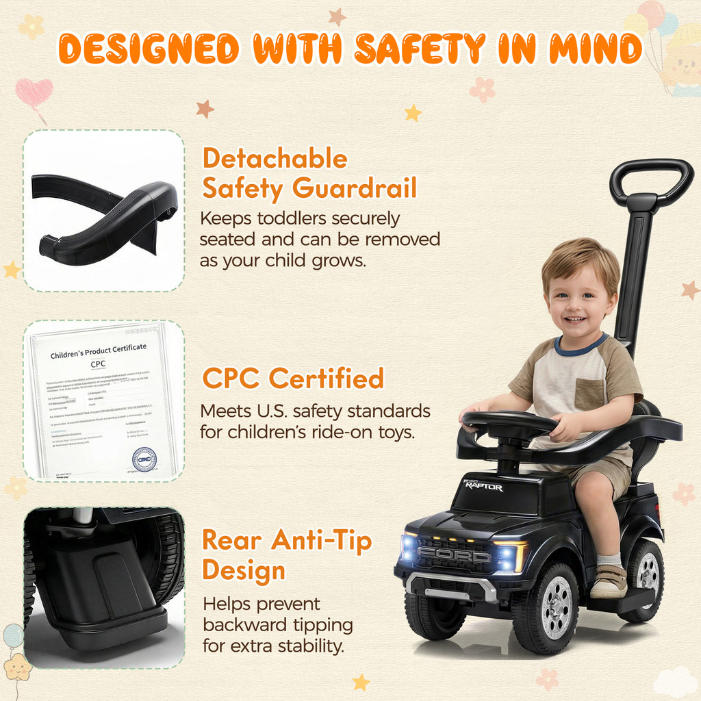 3 In 1 Push Car for Toddlers, Licensed Ford F-150 Ride On Push Car with Removable Parents Handle, Guardrails, Horn, LED Light, Kids Ride On Toy for Ages 18-36 Months, Black