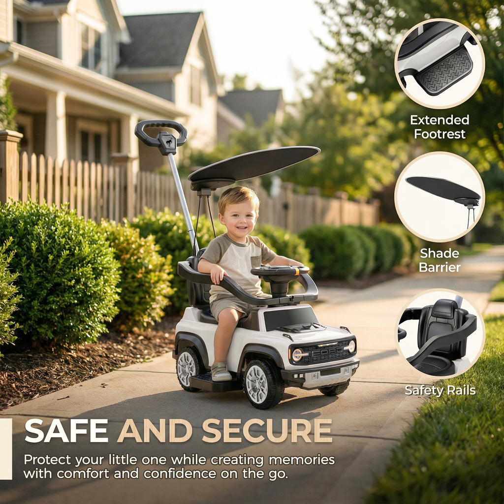 Ford Bronco 3 in 1 Push Car with Canopy for Toddlers 1–3, Ride On Push Car Toy with Adjustable Parent Steering Handle, Removable Guardrail & Footrest, Music, Horn, Under Seat Storage, Silent Wheels
