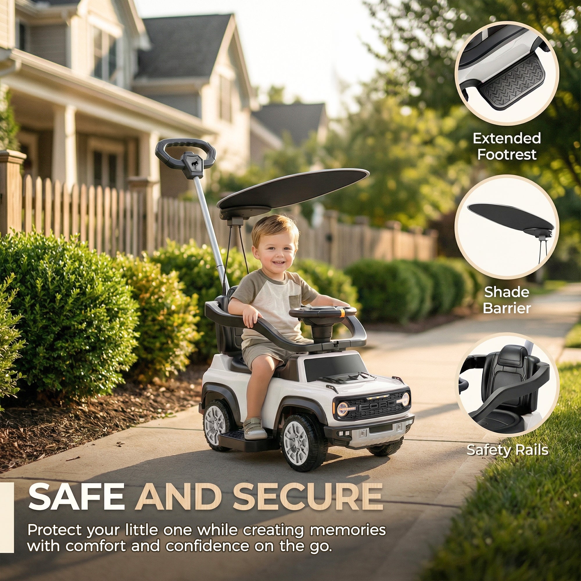 Ford Bronco 3 in 1 Push Car with Canopy for Toddlers 1–3, Ride On Push Car Toy with Adjustable Parent Steering Handle, Removable Guardrail & Footrest, Music, Horn, Under Seat Storage, Silent Wheels