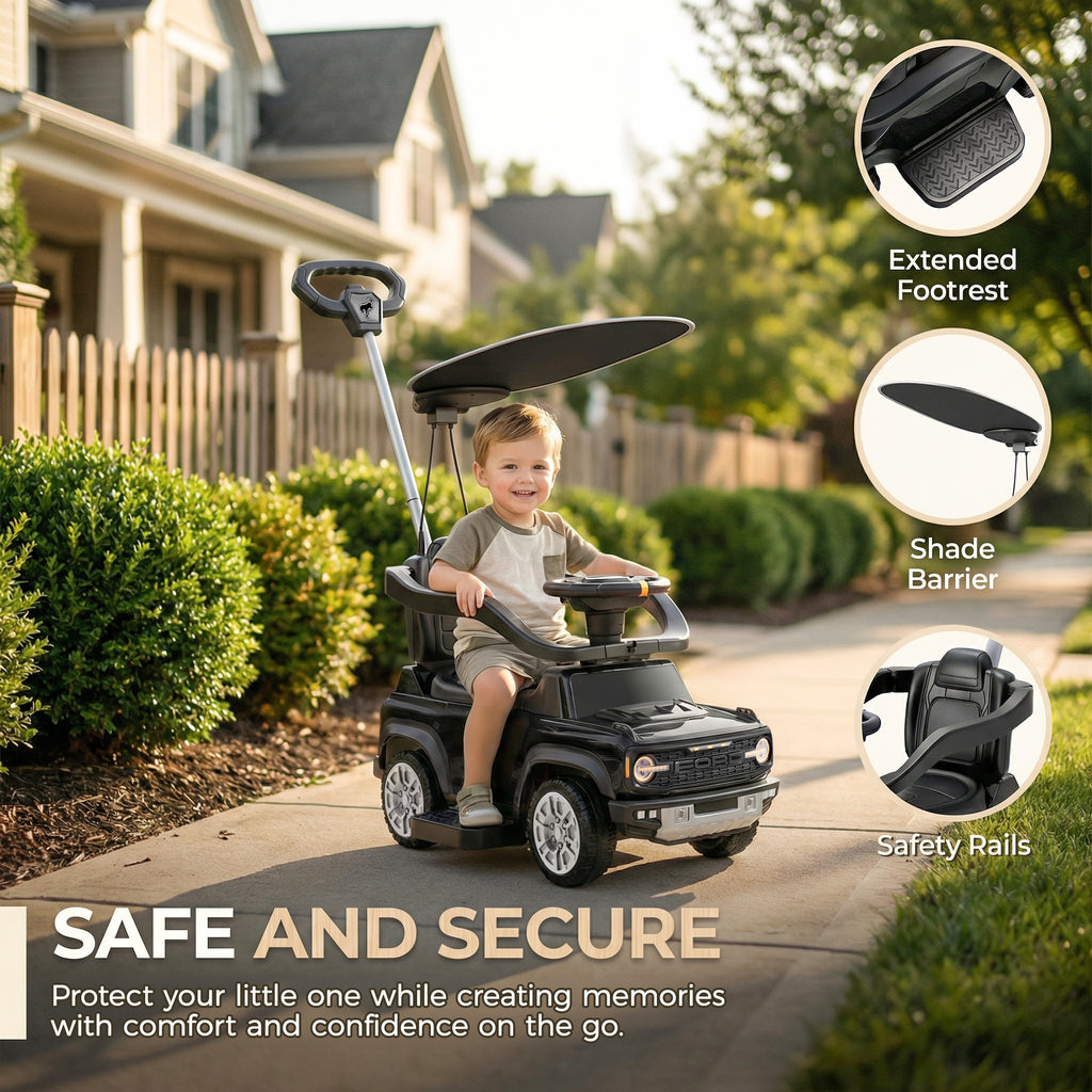 Ford Bronco 3 in 1 Push Car with Canopy for Toddlers 1–3, Ride On Push Car Toy with Adjustable Parent Steering Handle, Removable Guardrail & Footrest, Music, Horn, Under Seat Storage, Silent Wheels
