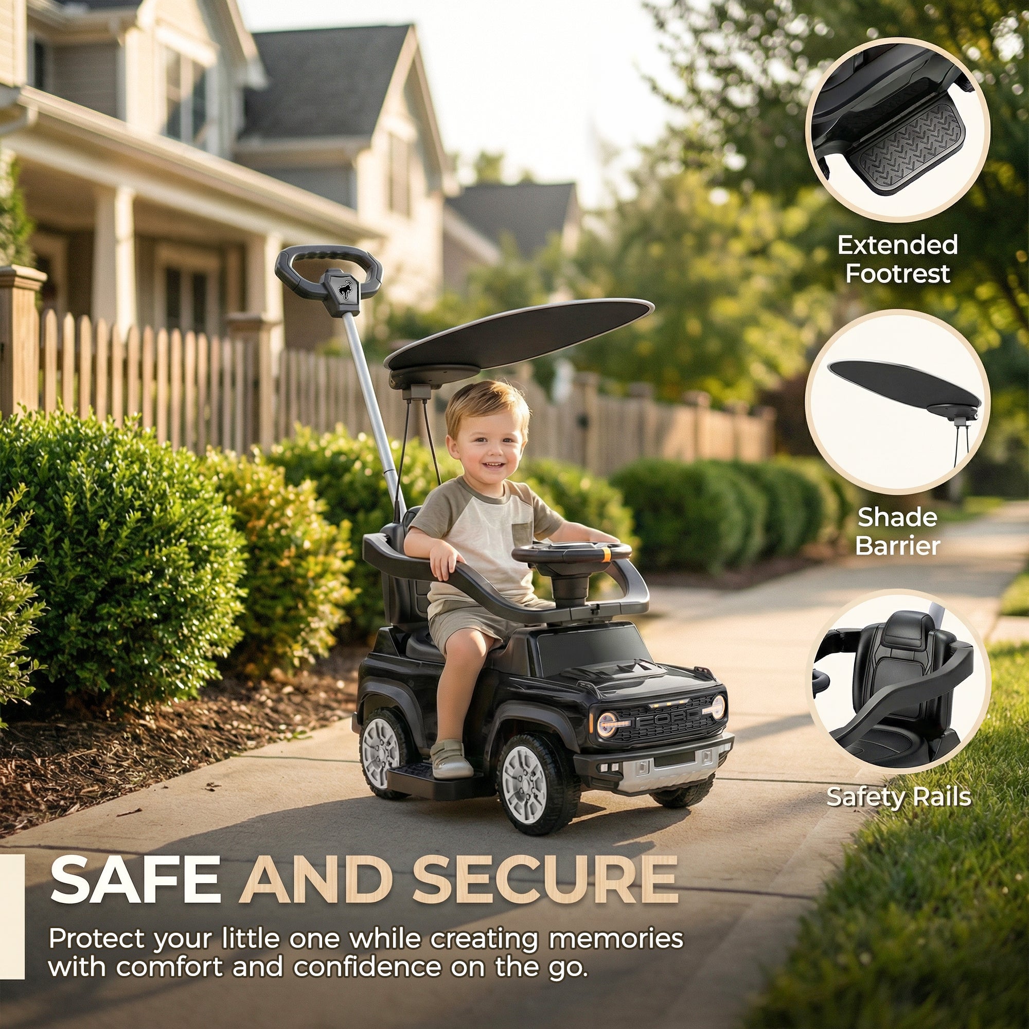Ford Bronco 3 in 1 Push Car with Canopy for Toddlers 1–3, Ride On Push Car Toy with Adjustable Parent Steering Handle, Removable Guardrail & Footrest, Music, Horn, Under Seat Storage, Silent Wheels