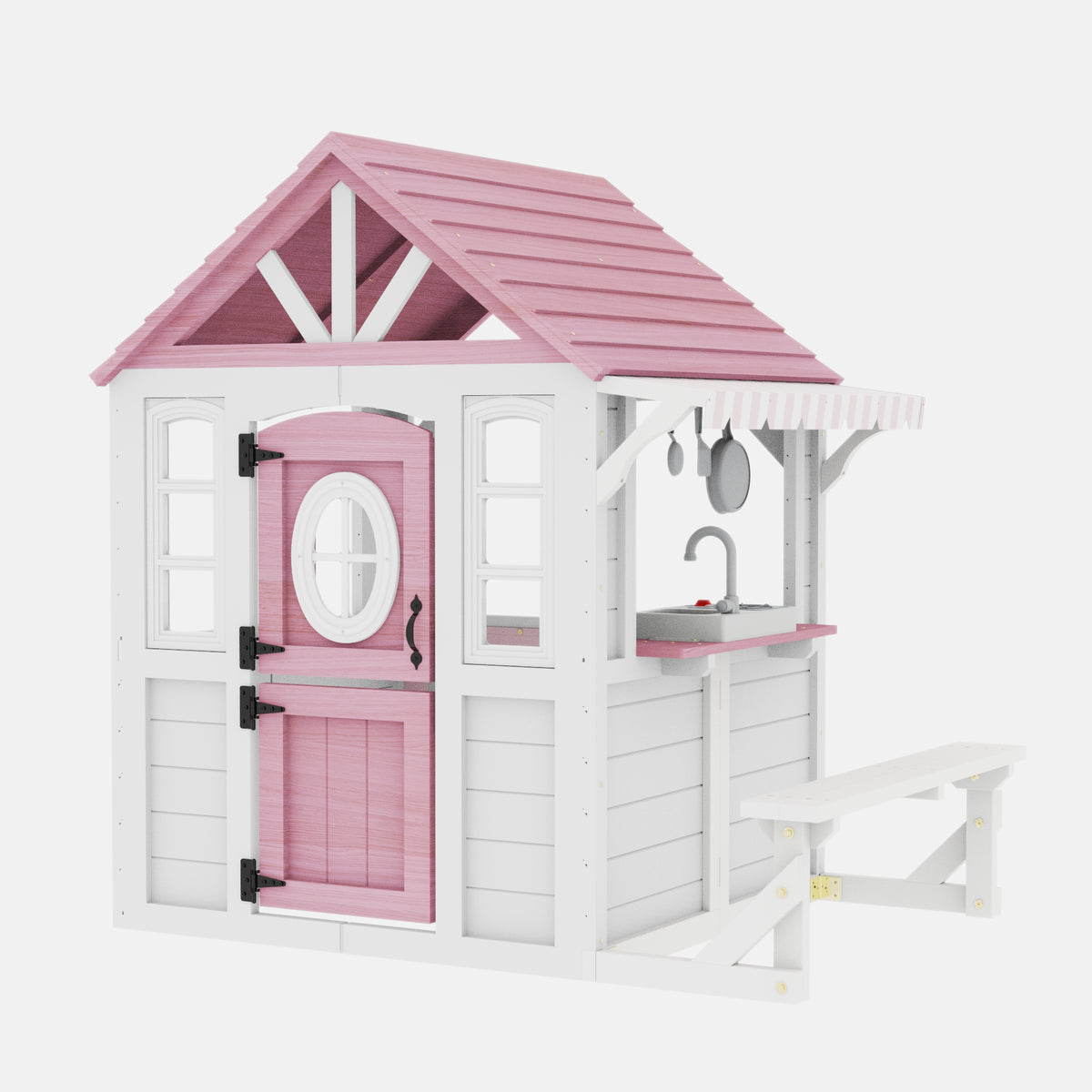 COCLUB Outdoor Playhouse with Kitchen and Bench, Wooden Playhouse for Kids Toddler Ages 3+, Casita Para Niñas, Pink