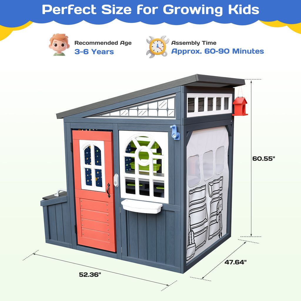 COCLUB Outdoor Tool Shed Playhouse for Kids, Wooden Play House with Workbench & Accessories, Blue and Red Toddler Play Set, Toys for Backyard