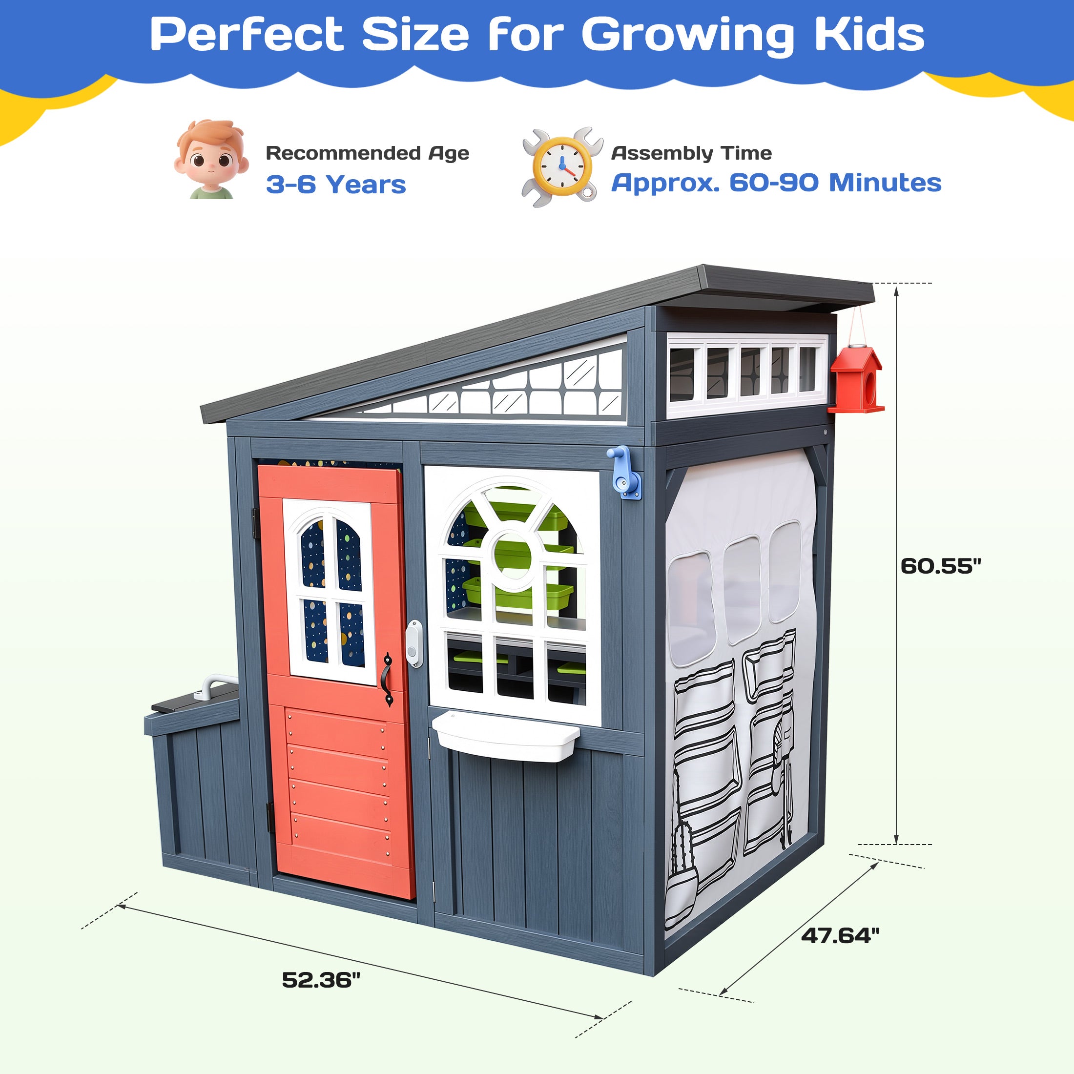 COCLUB Outdoor Tool Shed Playhouse for Kids, Wooden Play House with Workbench & Accessories, Blue and Red Toddler Play Set, Toys for Backyard