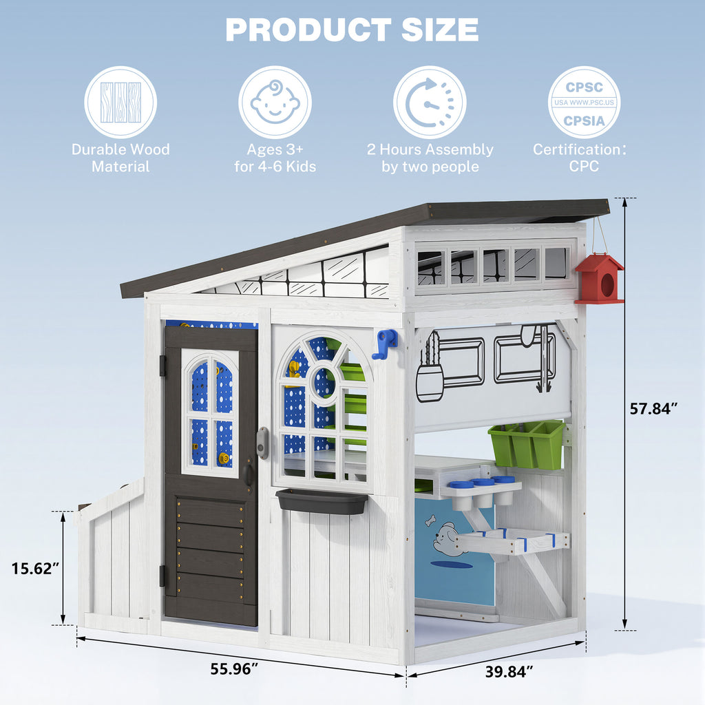 COCLUB Outdoor Wooden Playhouse with Play Tool Shed & Pegboard Play Wall, Kids Todder Ages 3+