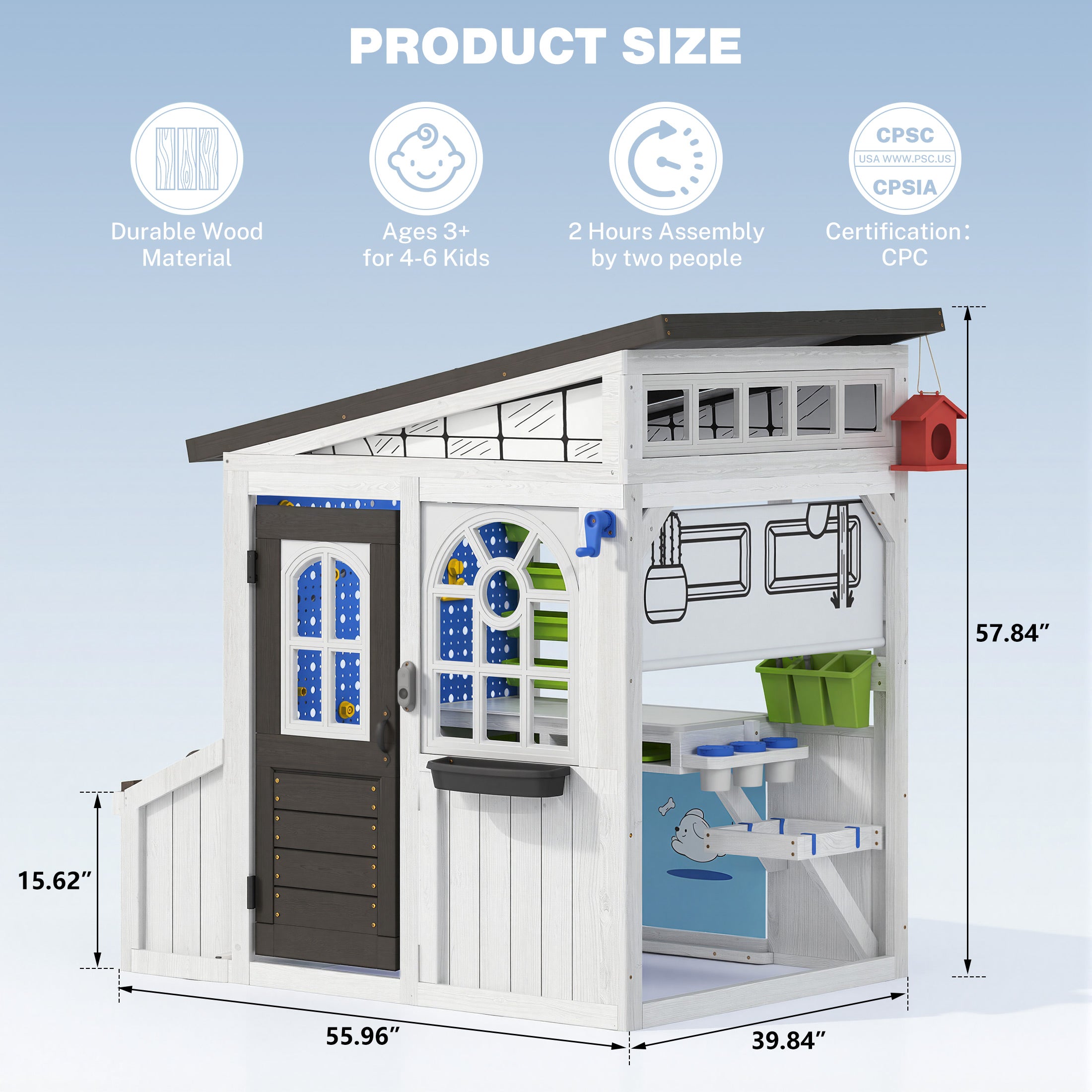 COCLUB Outdoor Wooden Playhouse with Play Tool Shed & Pegboard Play Wall, Kids Todder Ages 3+