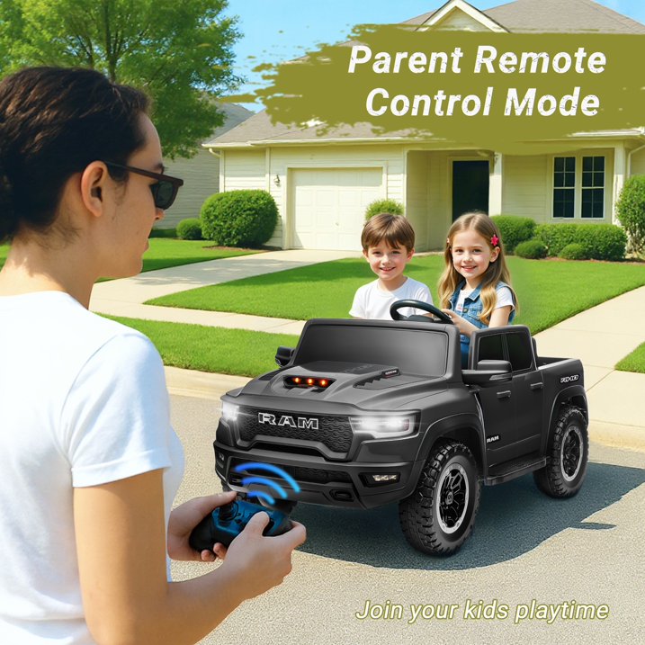 RAM 1500 24V Powered Ride on Cars for Kids, Extra large Real 2 Seat Ride on Toys with Remote Control, LED Light, MP3 Player, Electric Vehicles Ride on Truck for Boys Girls Gifts, Black