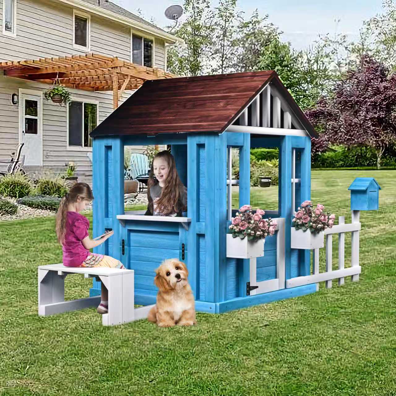 COCLUB Outdoor Playhouse for Kids Ages 3-8, Wooden Play House with Picnic Bench, Mailbox, Fence, Flowerpot Holders, Cottage Playhouse for Backyard, Garden, Patio, Gift for Boys, Girls