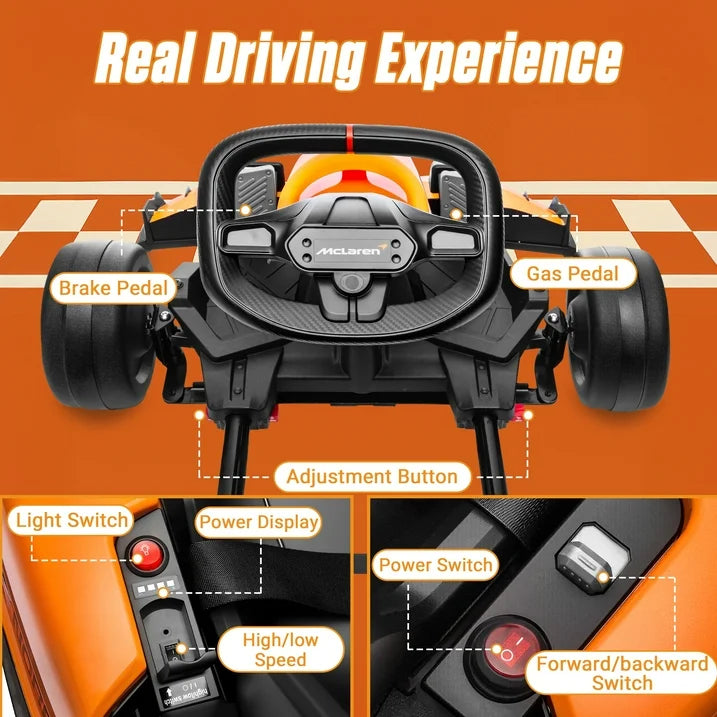 McLaren 36 Kids Electric Go Kart, 36V Powered Drift Racing Ride On Car Toy, 500W Dual Motor, 3-Level Adjustable Seat, Rear-Wheel Drive, 360° Spin Pedal Go Kart for Boys Girls Ages 6+, Orange