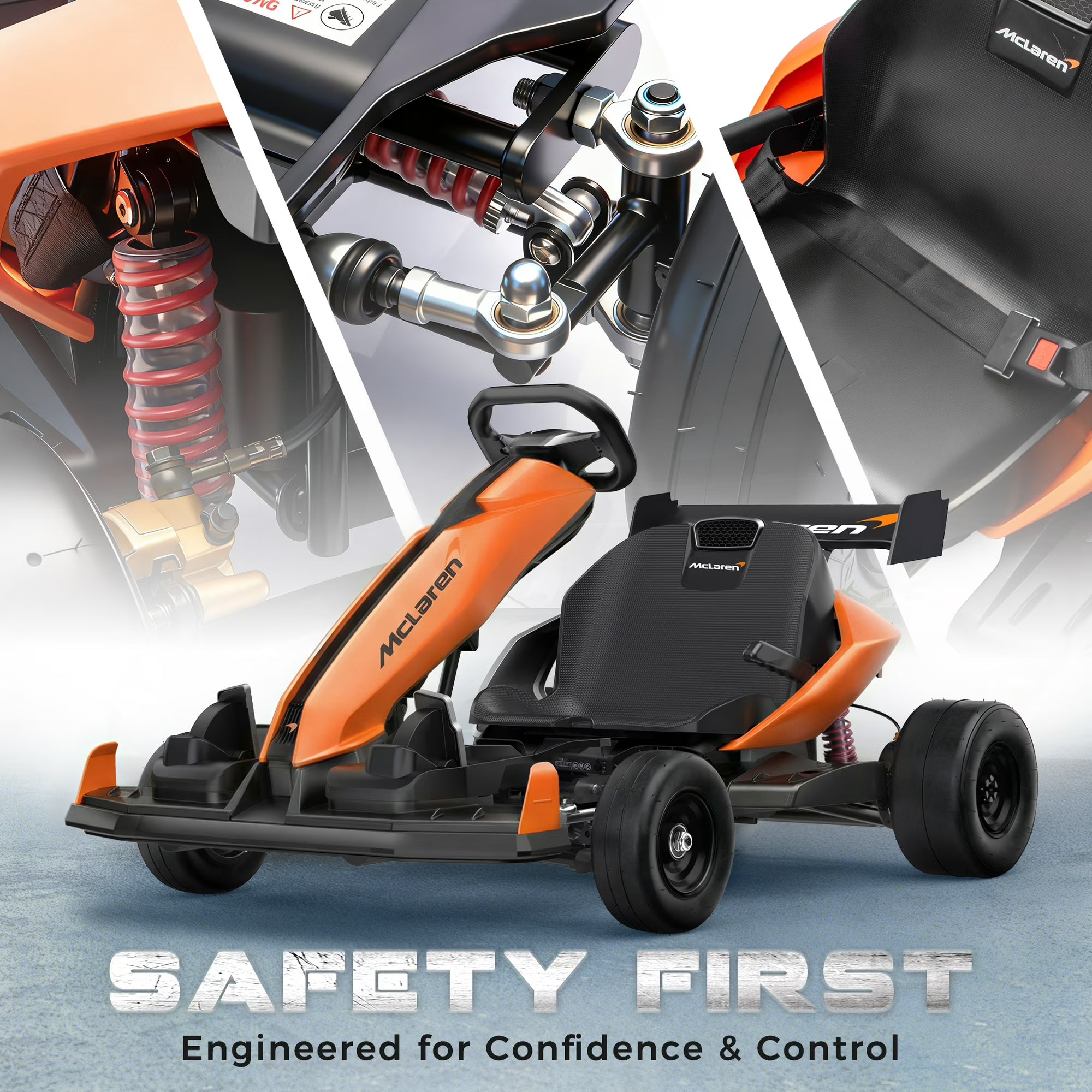 McLaren 48V Electric Go Kart for Adults & Teens, 750W Powered Motor Ride On Toy, LED Light, Hydraulic Disc Brake, 4 Wheel Spring Suspension, 3 Levels Adjustable Chassis, Foldable Design, Orange