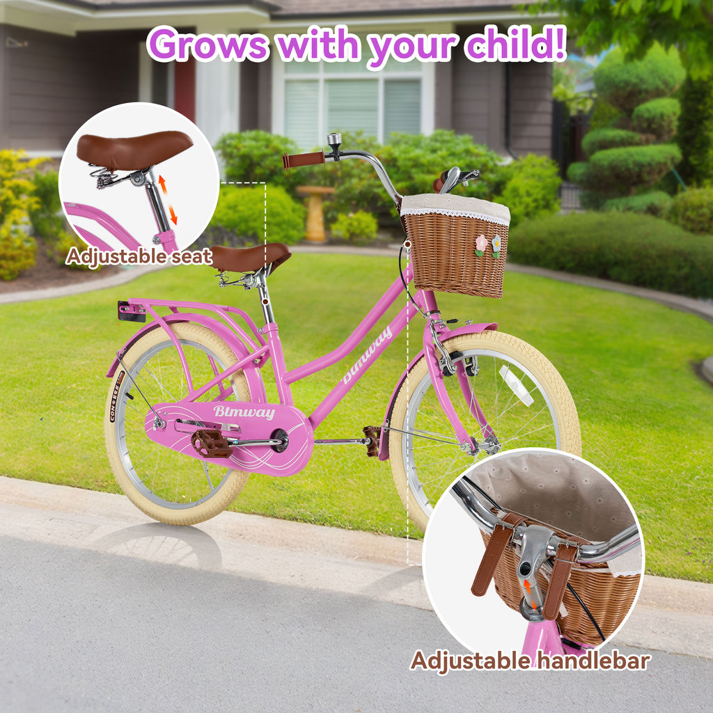 Kids Bike for Girls Ages 7-10 Years - 20" Children's Bicycle, leather Seat & Handlebars, Basket, Front Hand Brakes, Rear Coaster Brake & Safety Bell, Purple