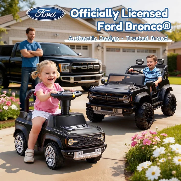Push Car for Toddlers 1–3, Ford Bronco Ride On Toy with Steering Wheel, Music, Horn & Engine Sounds, LED Lights, Under Seat Storage, Silent Wheels, Easy Push Ride On Car for Boys & Girls, Black