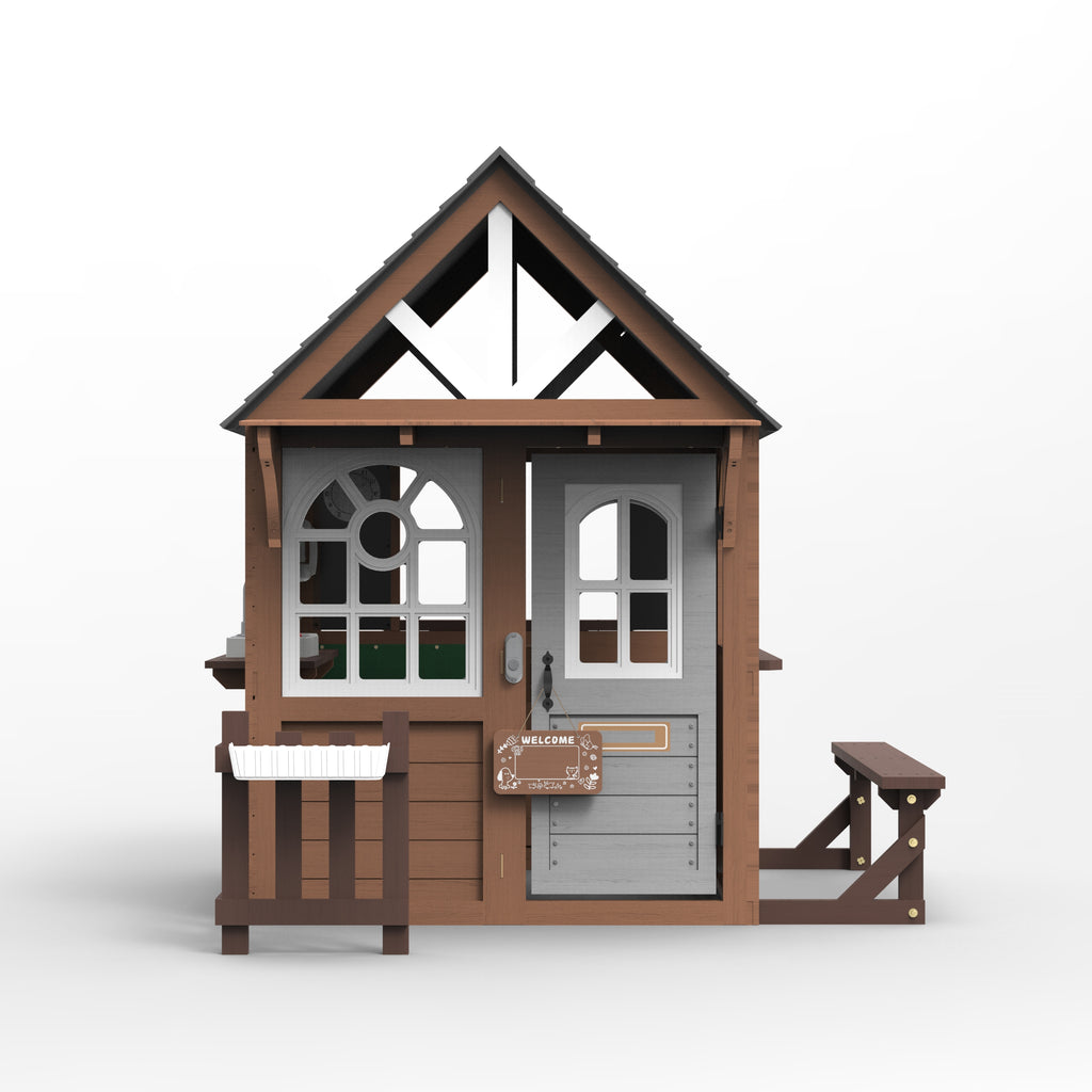 COCLUB Outdoor Playhouse, Wooden Playhouse for Kids Toddlers Outdoor with Bench/Fence/Kitchen/Door Nameplate/Pretend Phone, Girls Boys Outdoor Toy Gift for Ages 3+, 62.99"(W)* 67.32"(L) * 65.35"(H)