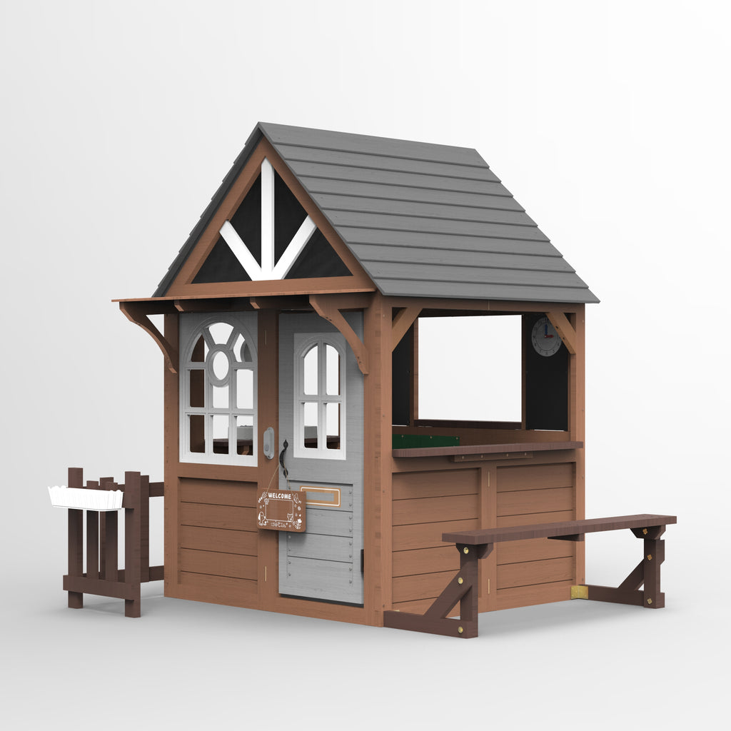 COCLUB Outdoor Playhouse, Wooden Playhouse for Kids Toddlers Outdoor with Bench/Fence/Kitchen/Door Nameplate/Pretend Phone, Girls Boys Outdoor Toy Gift for Ages 3+, 62.99"(W)* 67.32"(L) * 65.35"(H)
