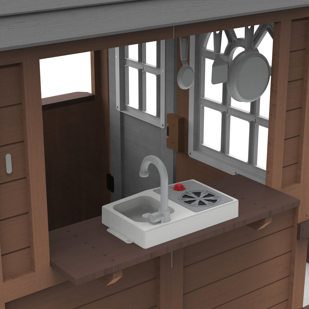 COCLUB Outdoor Playhouse, Wooden Playhouse for Kids Toddlers Outdoor with Bench/Fence/Kitchen/Door Nameplate/Pretend Phone, Girls Boys Outdoor Toy Gift for Ages 3+, 62.99"(W)* 67.32"(L) * 65.35"(H)