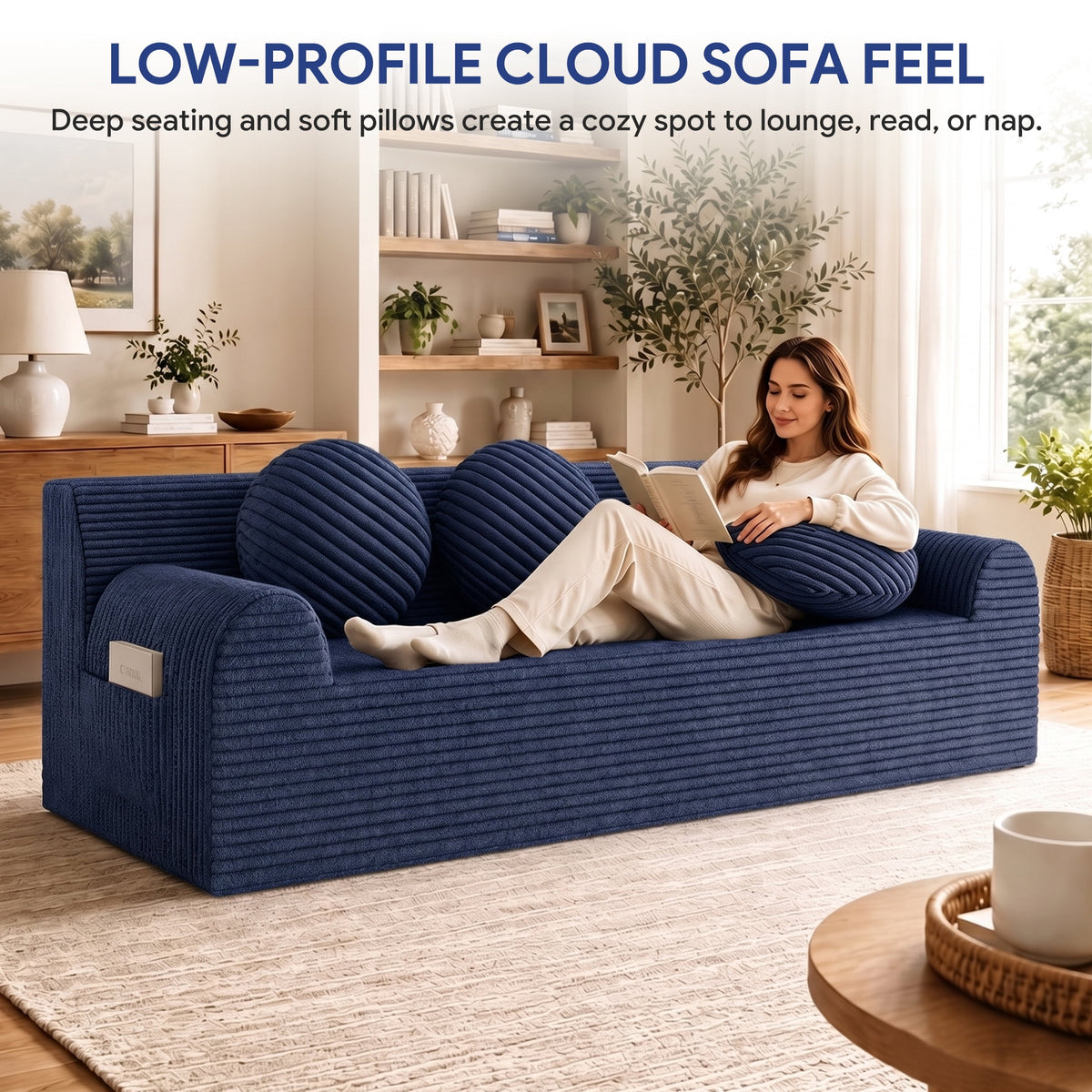 UHOMEPRO 71" Small Cloud Couch, 3 Seater Sofa with High Density Foam, No Assembly Low Profile Floor Couch for Bedroom, Apartment, 1200lbs, Deep Gray