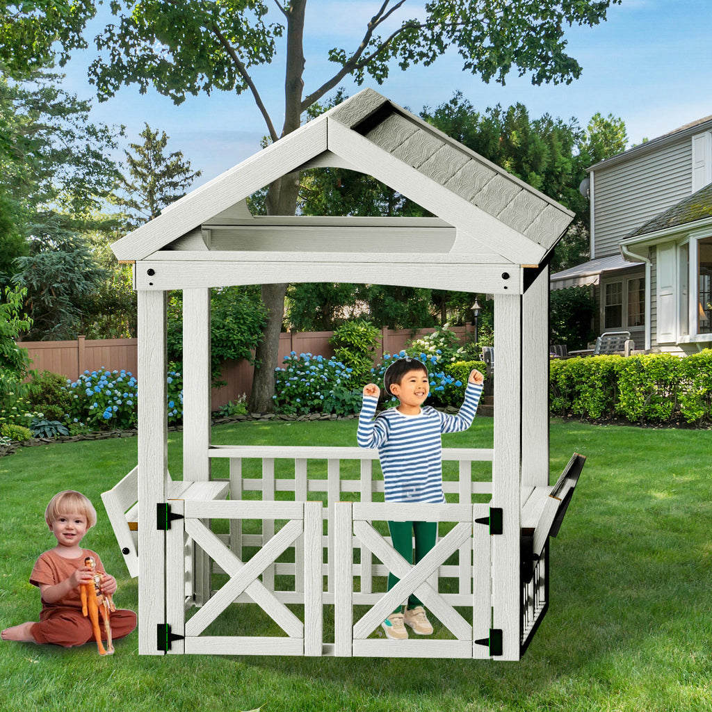 COCLUB Kids Outdoor Playhouse, Wooden Playhouse with Play Kitchen, Working Doorbell, Bird Cage, Pet Door, Backyard Casa de CampañA Para NiñOs Country Style
