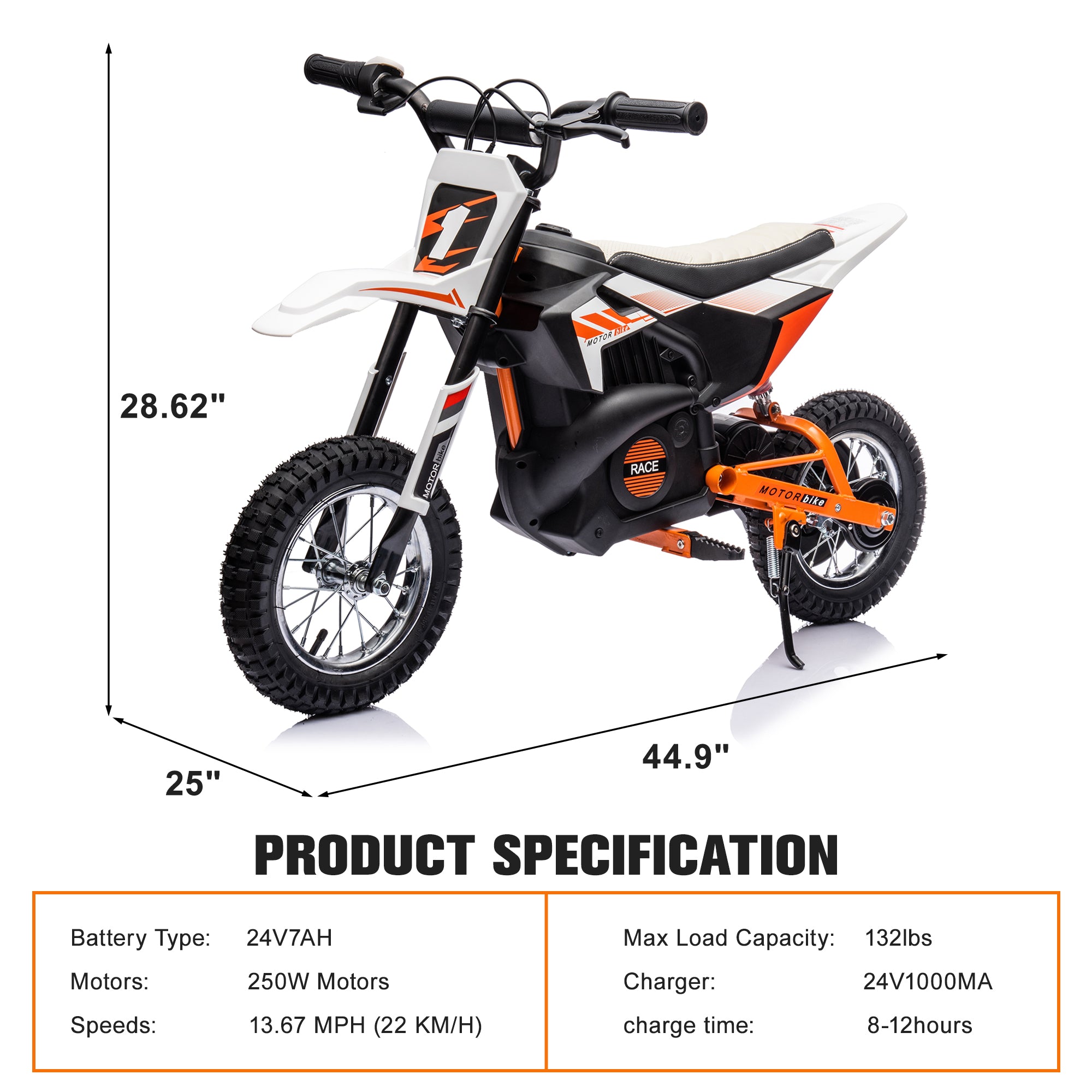 24V Electric Dirt Bike for Age 13+, 250W Battery Powered Ride On Motorcycle Toy with Twist Grip Throttle, Hand-operated Rear Brake, Chain-driven Motor, Rear Wheel Suspension, White