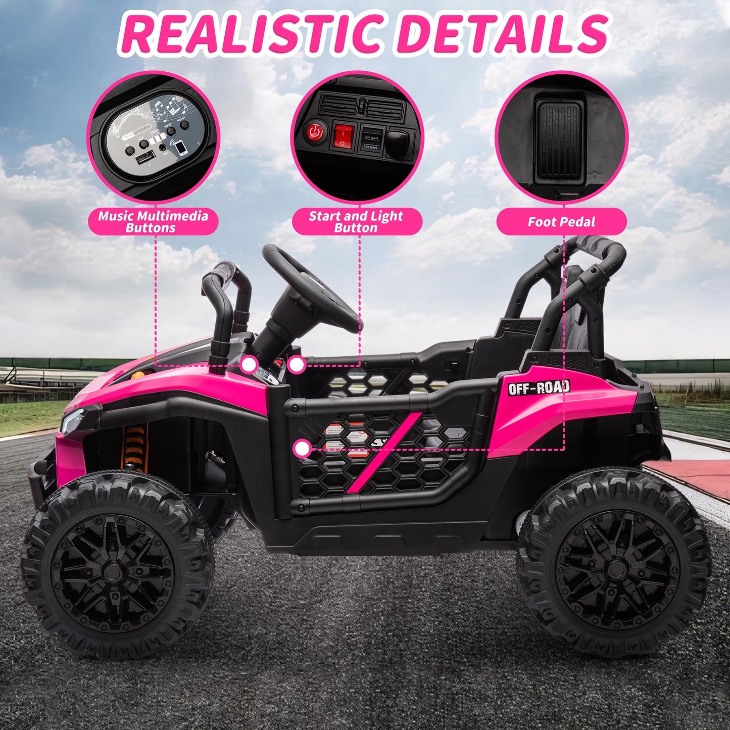 uhomepro Ride on Truck Car,12 V Powered Ride Toys for Kids with Remote Control Spring Suspension, LED Lights, MP3 Player, Electric Vehicles for Boys and Girls Gifts, Pink