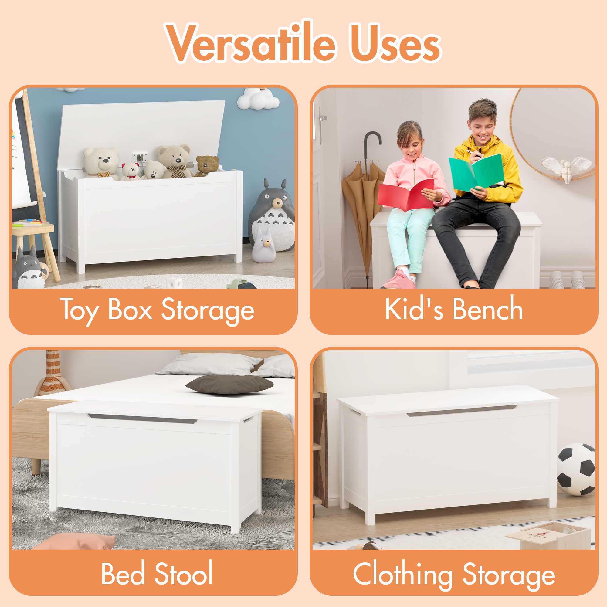 UHOMEPRO Toy Boxes Storage Bench, Wood Toy Chests Organizer with Safety Hinges, Storage Containers for Kids' Bedroom Furniture