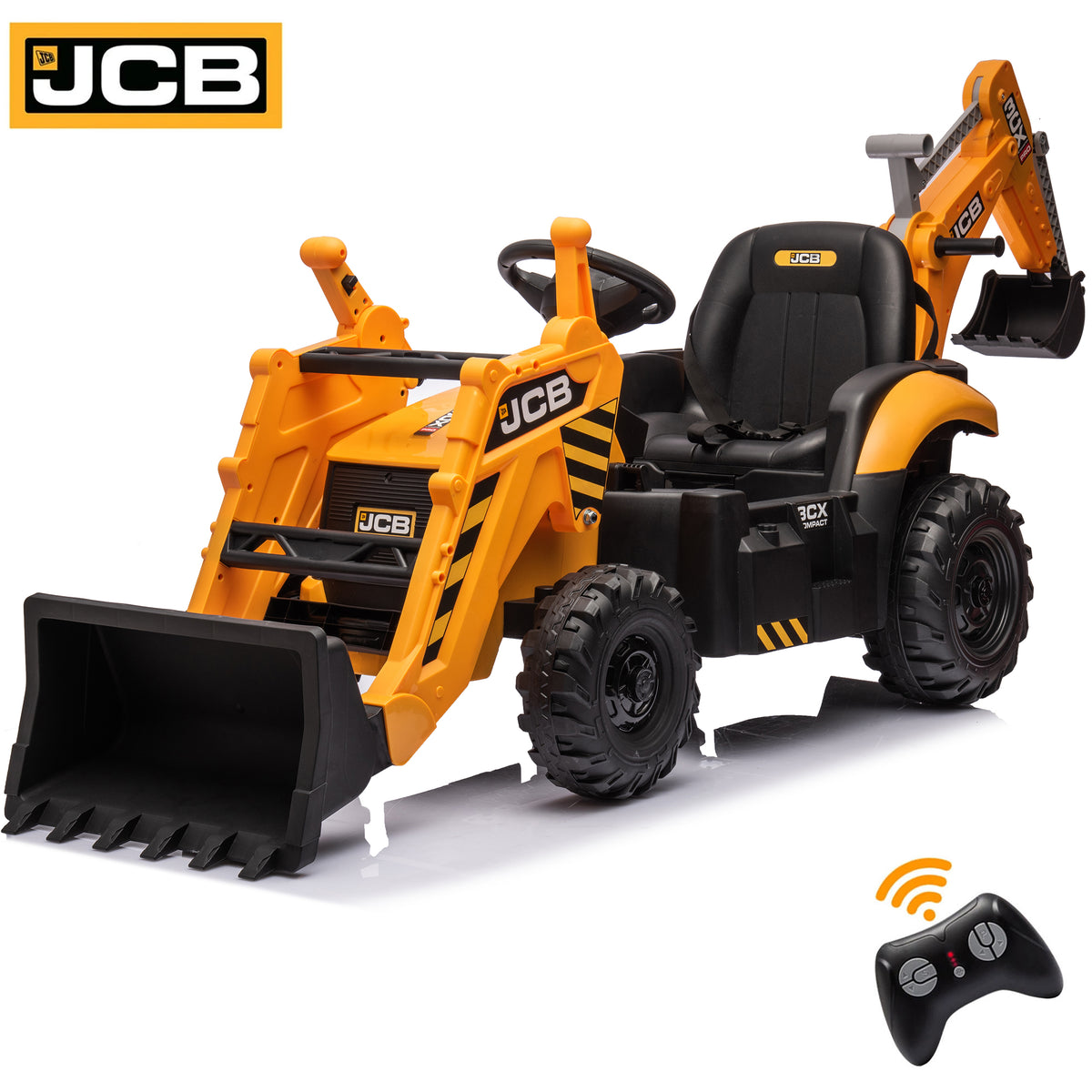 COCLUB 12V Kids JCB Ride on Excavator, Backhoe Toys for Boys with Reversible Seat, Removable Front & Rear Arms, Remote Control, Big Digger Construction Car for Kids 3-5