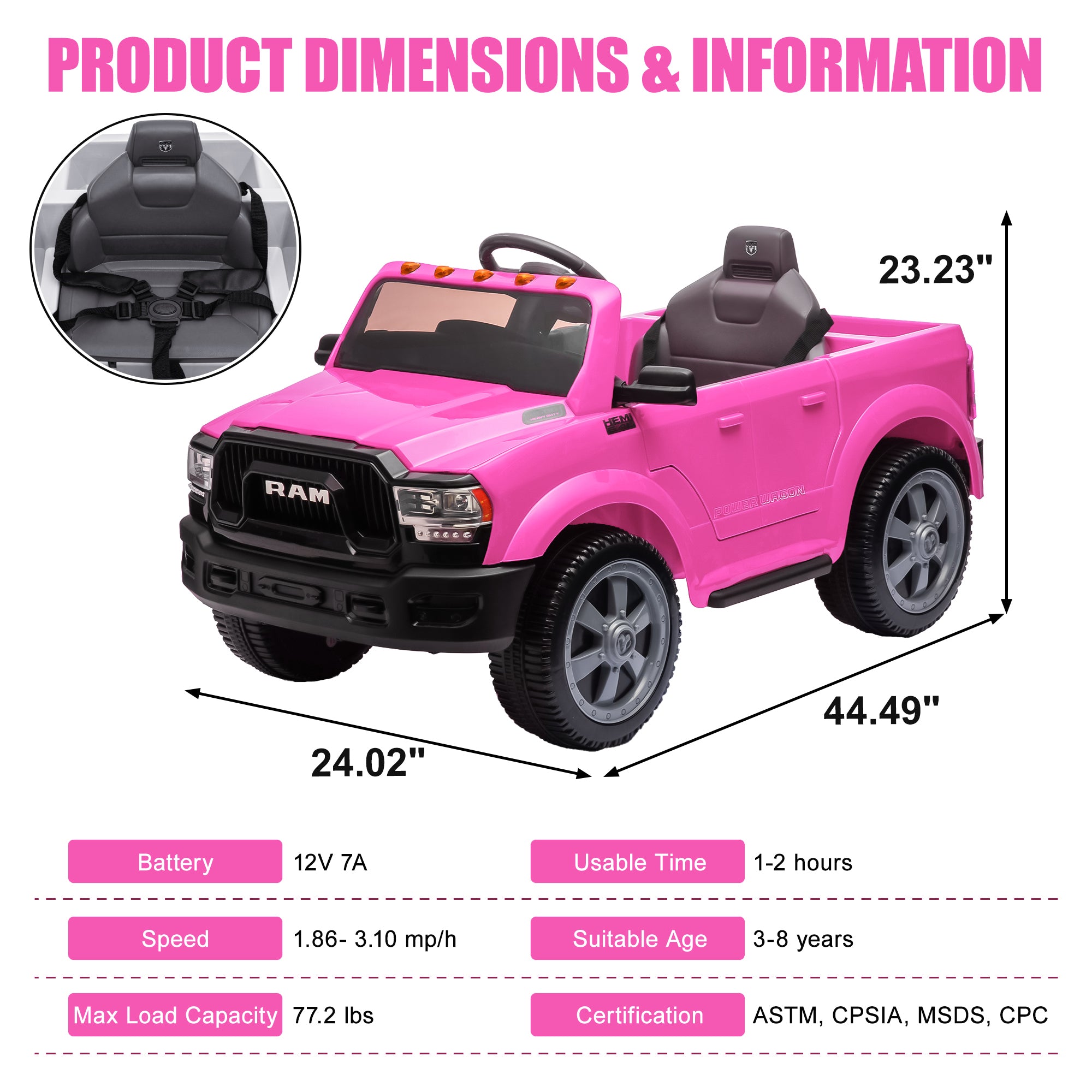 Dodge RAM Ride on Car, 12V Powered Ride on Toy with Remote Control, Rear Wheel Suspension, 5 Point Safety Belt, MP3 Player, Bluetooth, LED Lights, Electric Vehicles for 3-8 Years Boys Girls, Black