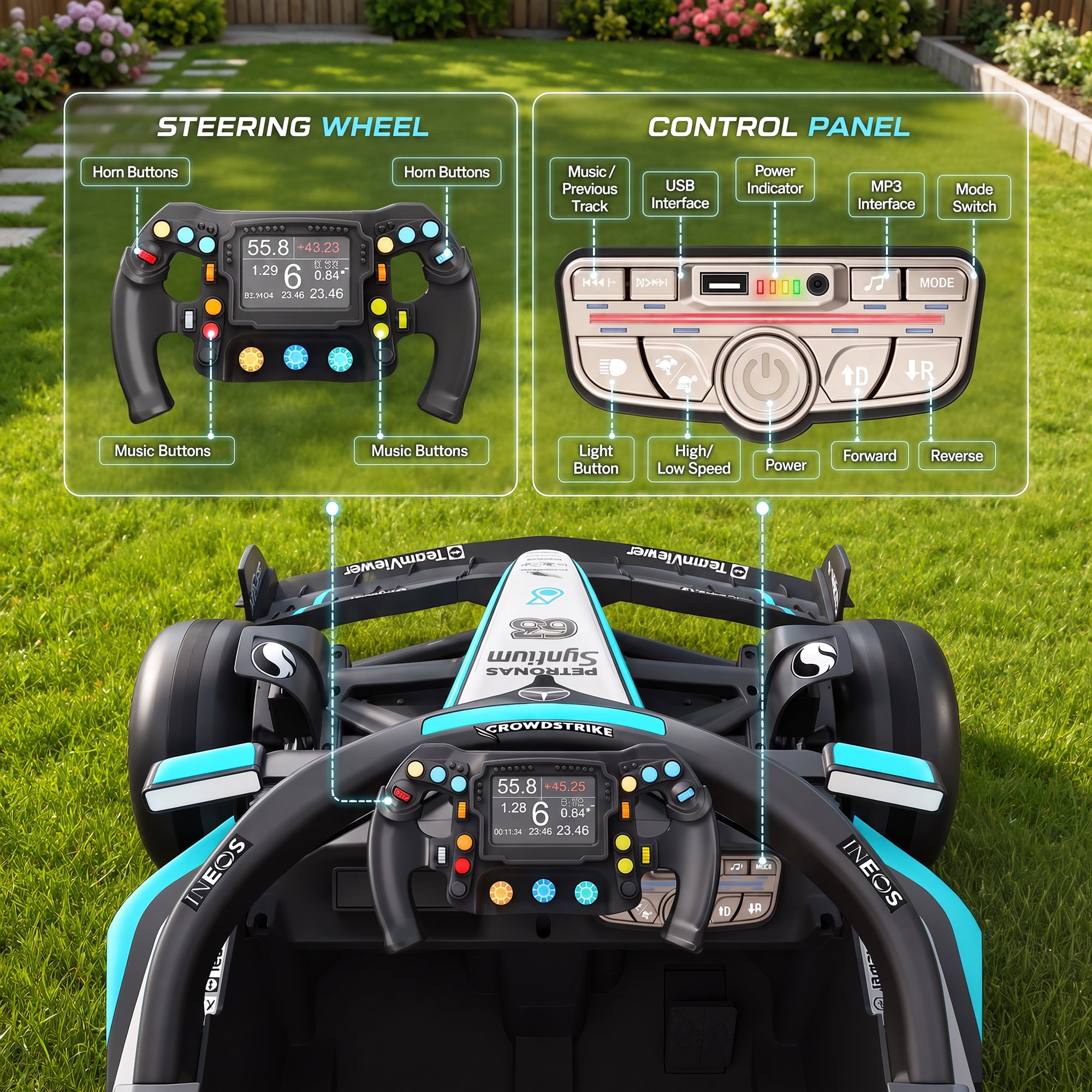 Mercedes-Benz F1 W16 24V Electric Go Kart, COCLUB Kids Ride on Car with Remote Contro, LED Light, Music, Bluetooth, for Ages 3-8