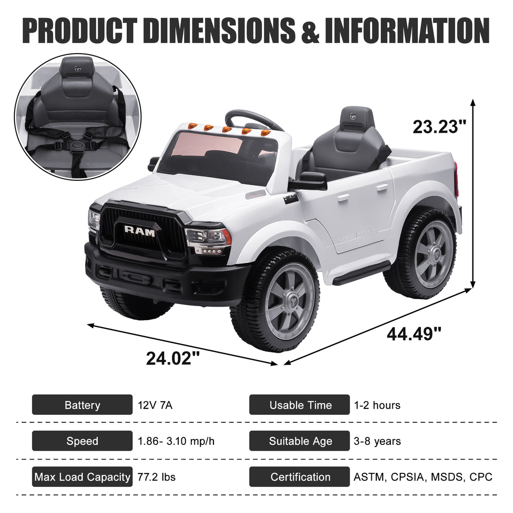 Dodge RAM Ride on Car, 12V Powered Ride on Toy with Remote Control, Rear Wheel Suspension, 5 Point Safety Belt, MP3 Player, Bluetooth, LED Lights, Electric Vehicles for 3-8 Years Boys Girls, Black