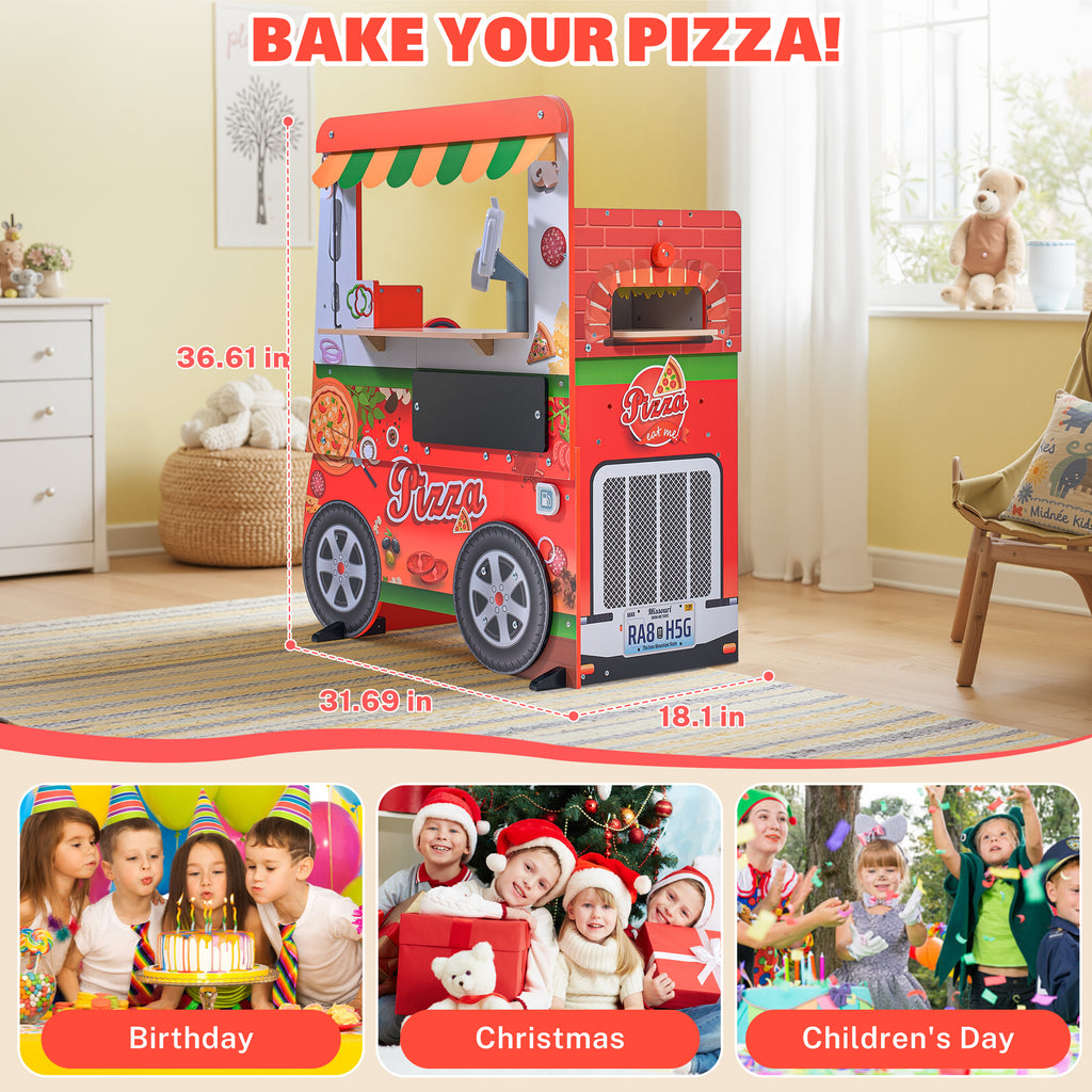 Wooden Pizza Food Truck Toy for Kids, 3 in 1 Pretend Play Kitchen with Ice Cream Cart & Grill, Kids Pizza Cart with Play Food & Menu Board, Montessori Role Wooden Pizza Shop Playset for Ages 3+, Red