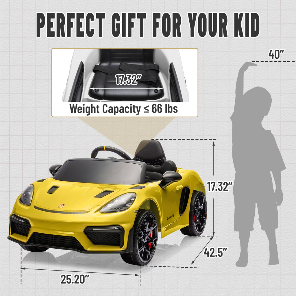 Porsche 718 Kids Ride On Toy, Electric Car for Toddlers with Remote Control, 4 Wheel Suspension, Bluetooth, Music, LED, Safety Belts, Kids Sports Ride on Car for Toddler 3-6 Yrs Boys Girls Gifts