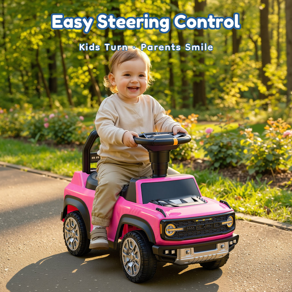Ride On Car for Toddlers 1–3, Ford Bronco Ride On Toy with Steering Wheel, Music, Horn & Engine Sounds, Under Seat Storage, Silent Wheels, Easy Walker & Push Car for Boys & Girls, Pink