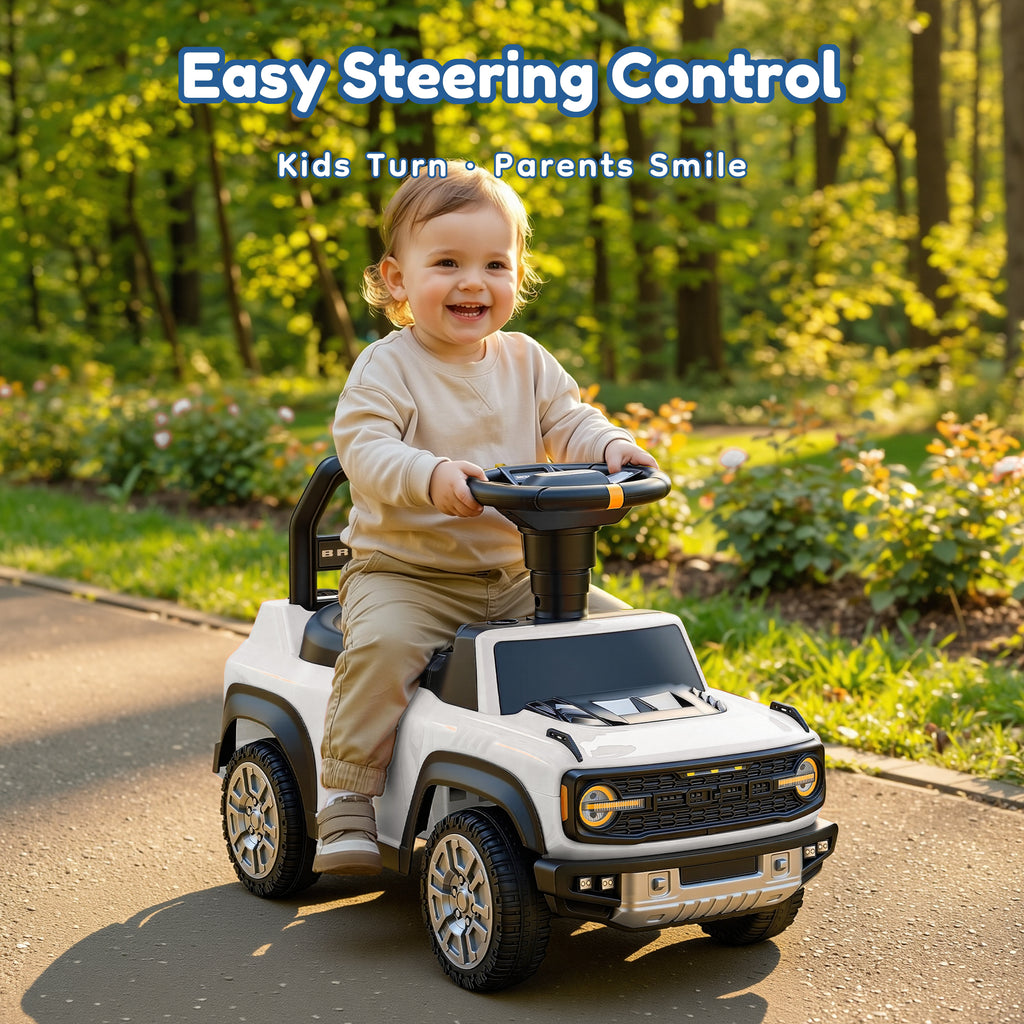 Ride On Car for Toddlers 1–3, Ford Bronco Ride On Toy with Steering Wheel, Music, Horn & Engine Sounds, Under Seat Storage, Silent Wheels, Easy Walker & Push Car for Boys & Girls, White