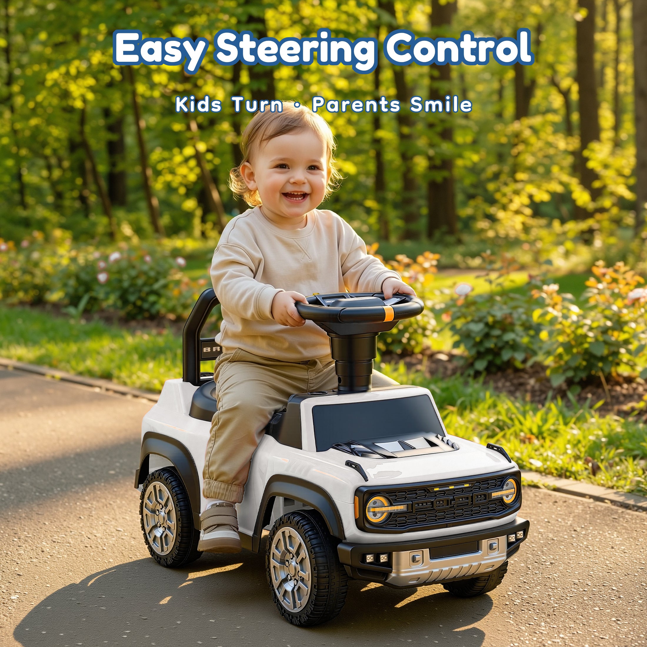 Ride On Car for Toddlers 1–3, Ford Bronco Ride On Toy with Steering Wheel, Music, Horn & Engine Sounds, Under Seat Storage, Silent Wheels, Easy Walker & Push Car for Boys & Girls, White
