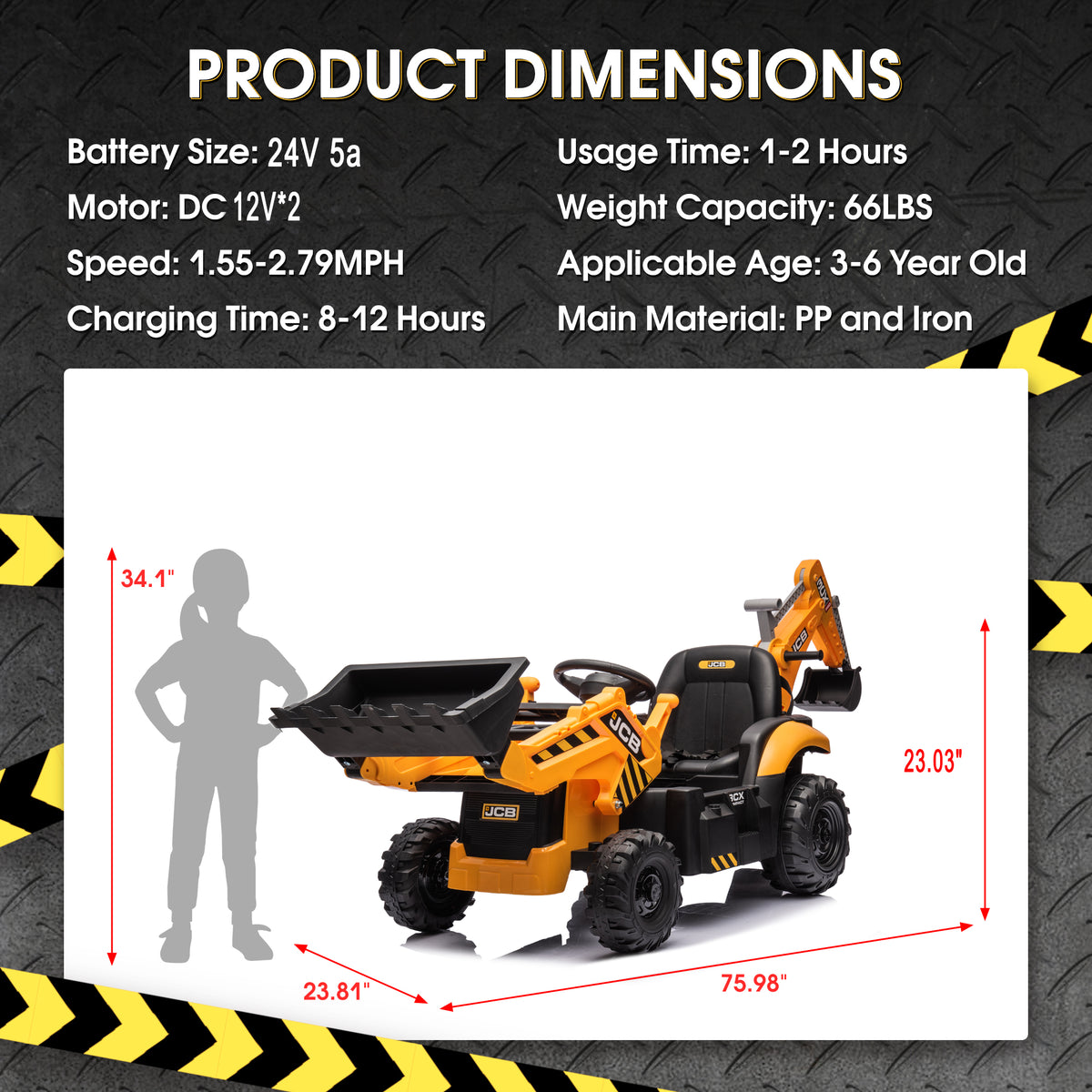 JCB 24V Ride On Excavator, 2 IN 1 Kids Electric Construction Ride on with Remote Control, Front Loader Bulldozer, Digger, Music, Ride on Toys for 3-6 Boys Girls, Yellow