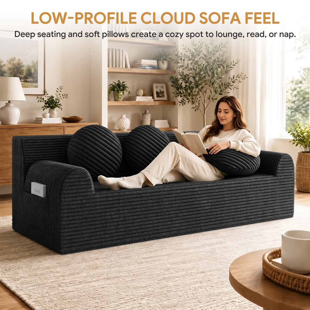 UHOMEPRO 71" Small Cloud Couch, 3 Seater Sofa with High Density Foam, No Assembly Low Profile Floor Couch for Bedroom, Apartment, 1200lbs, Deep Gray