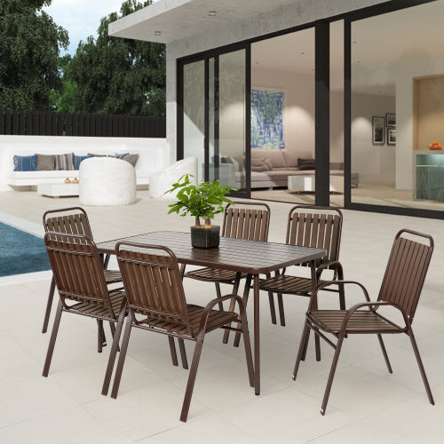 7 Pieces Patio Dining Set, Plastic chair and steel table Outdoor Set, plastic Chairs and Table Set for Garden Patio, Brown