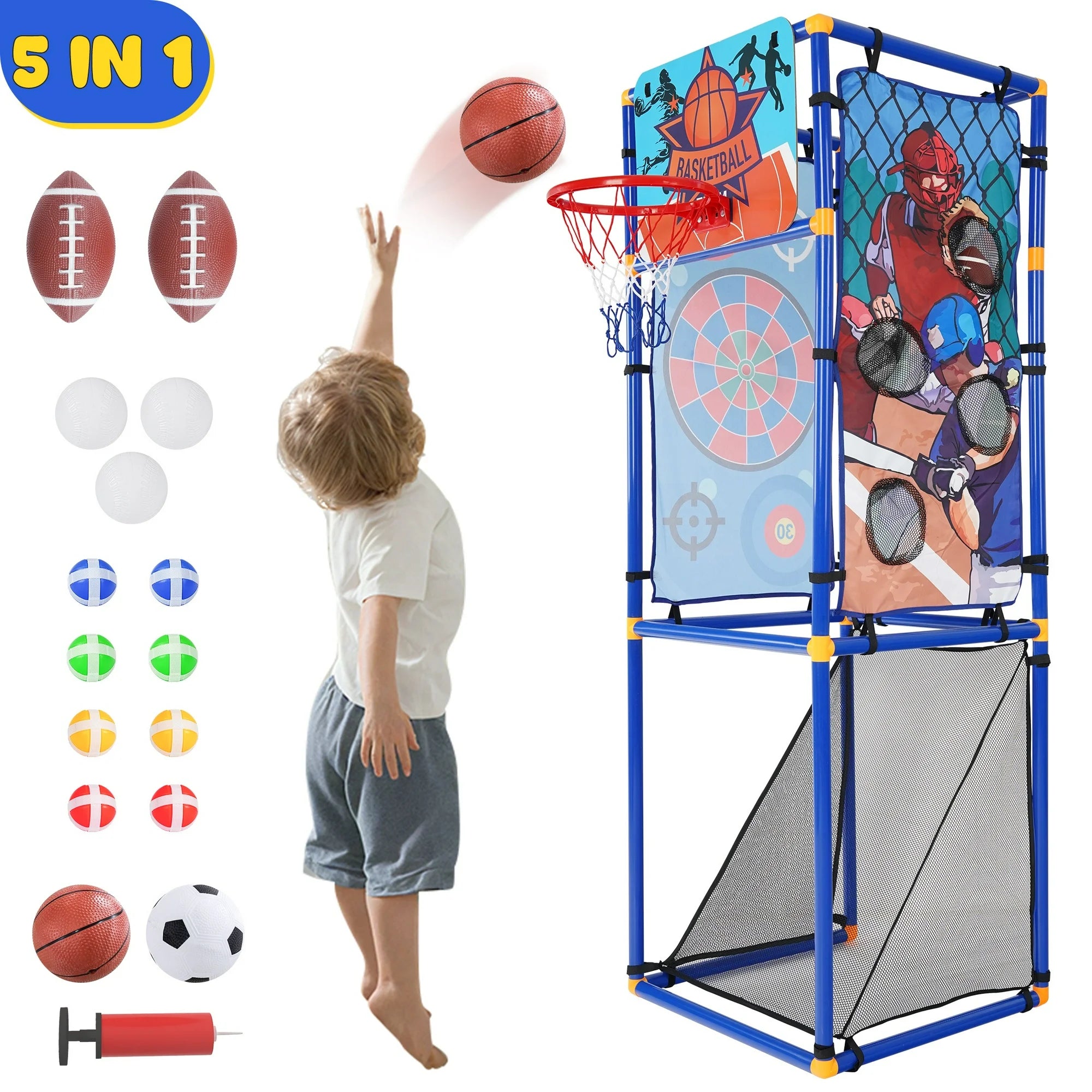 5 in 1 Multi Sport Toss Game Set, Kids Arcade Basketball Game, Indoor Outdoor Basketball Hoop with Play Football, Baseball, Basketball, Soccer, Sticky Ball, Sport Game Toy Gift for Boys and Girls
