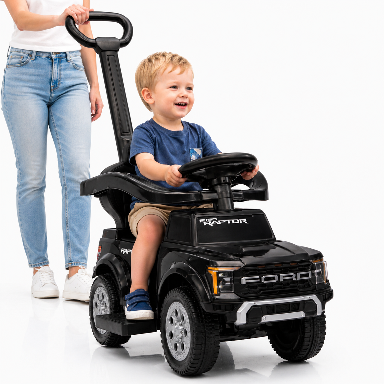 3 In 1 Push Car for Toddlers, Licensed Ford F-150 Ride On Push Car with Removable Parents Handle, Guardrails, Horn, LED Light, Kids Ride On Toy for Ages 18-36 Months, Black