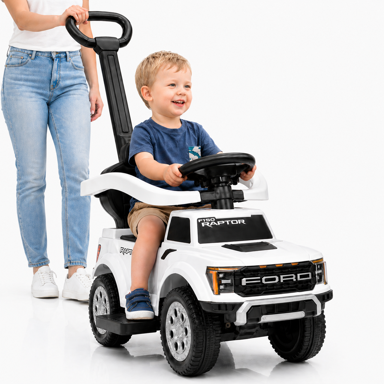 3 In 1 Push Car for Toddlers, Licensed Ford F-150 Ride On Push Car with Removable Parents Handle, Guardrails, Horn, LED Light, Kids Ride On Toy for Ages 18-36 Months, Black