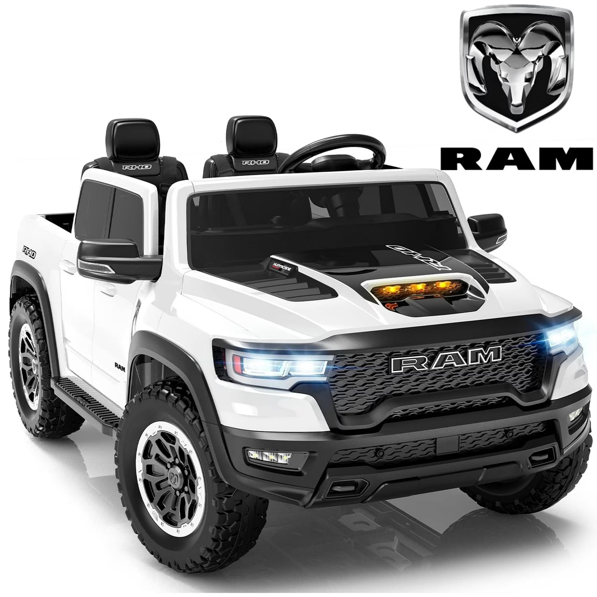 RAM 24V Ride on Cars for Tow Kids, RAM 1500 RHO 2 Seat Battery Powered Ride on Toys with Remote Control, 4 Wheels Suspension Trunk, LED Light, MP3 Player, Electric Car for Kids Boy Girl Gift