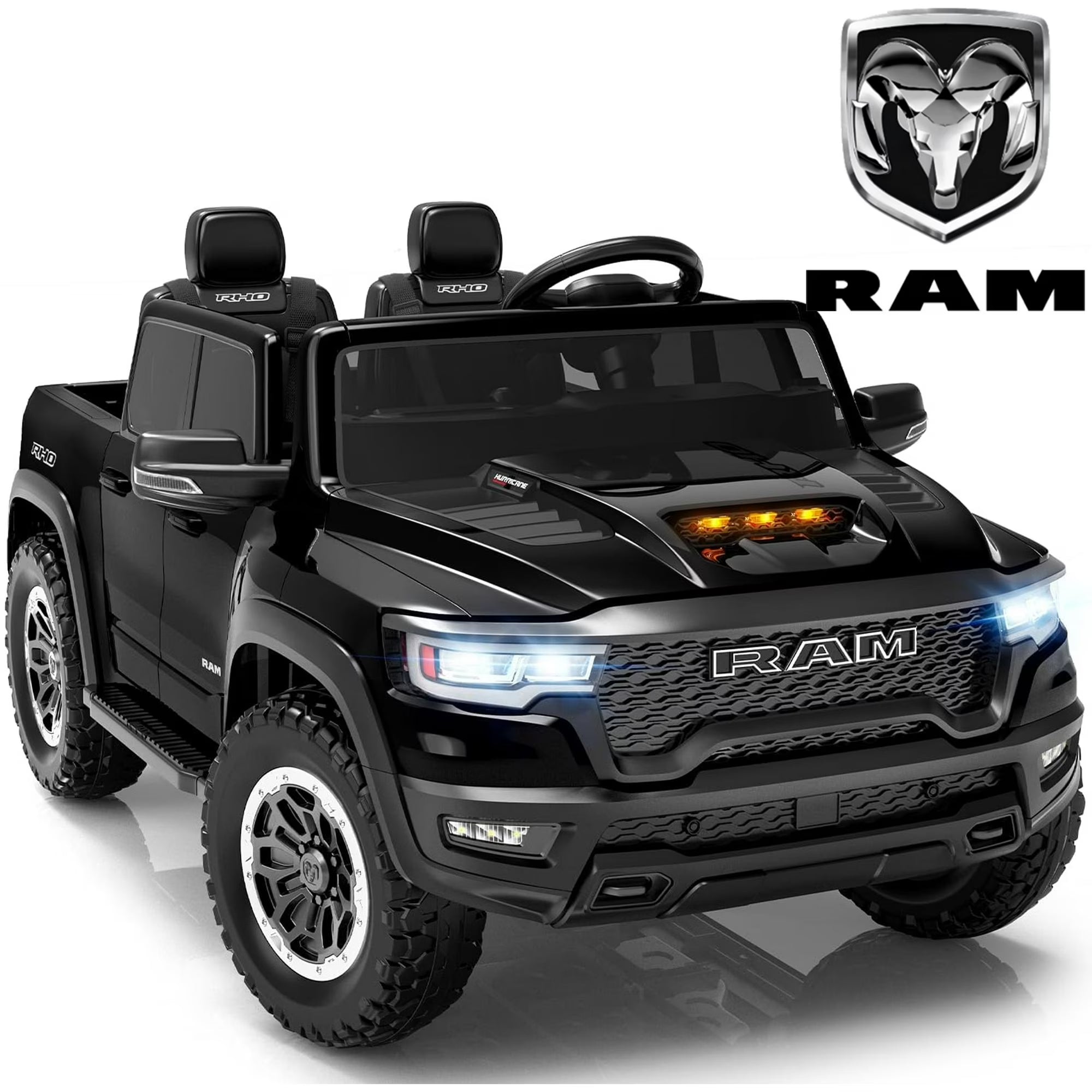 RAM 24V Ride on Cars for Tow Kids, RAM 1500 RHO 2 Seat Battery Powered Ride on Toys with Remote Control, 4 Wheels Suspension Trunk, LED Light, MP3 Player, Electric Car for Kids Boy Girl Gift