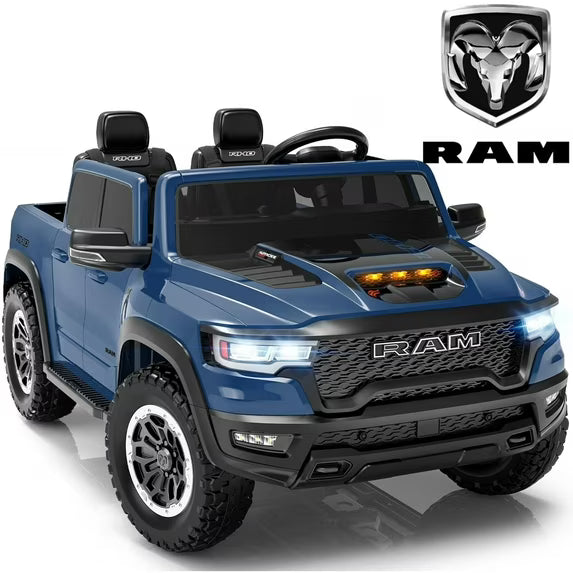 RAM 24V Ride on Cars for Tow Kids, RAM 1500 RHO 2 Seat Battery Powered Ride on Toys with Remote Control, 4 Wheels Suspension Trunk, LED Light, MP3 Player, Electric Car for Kids Boy Girl Gift