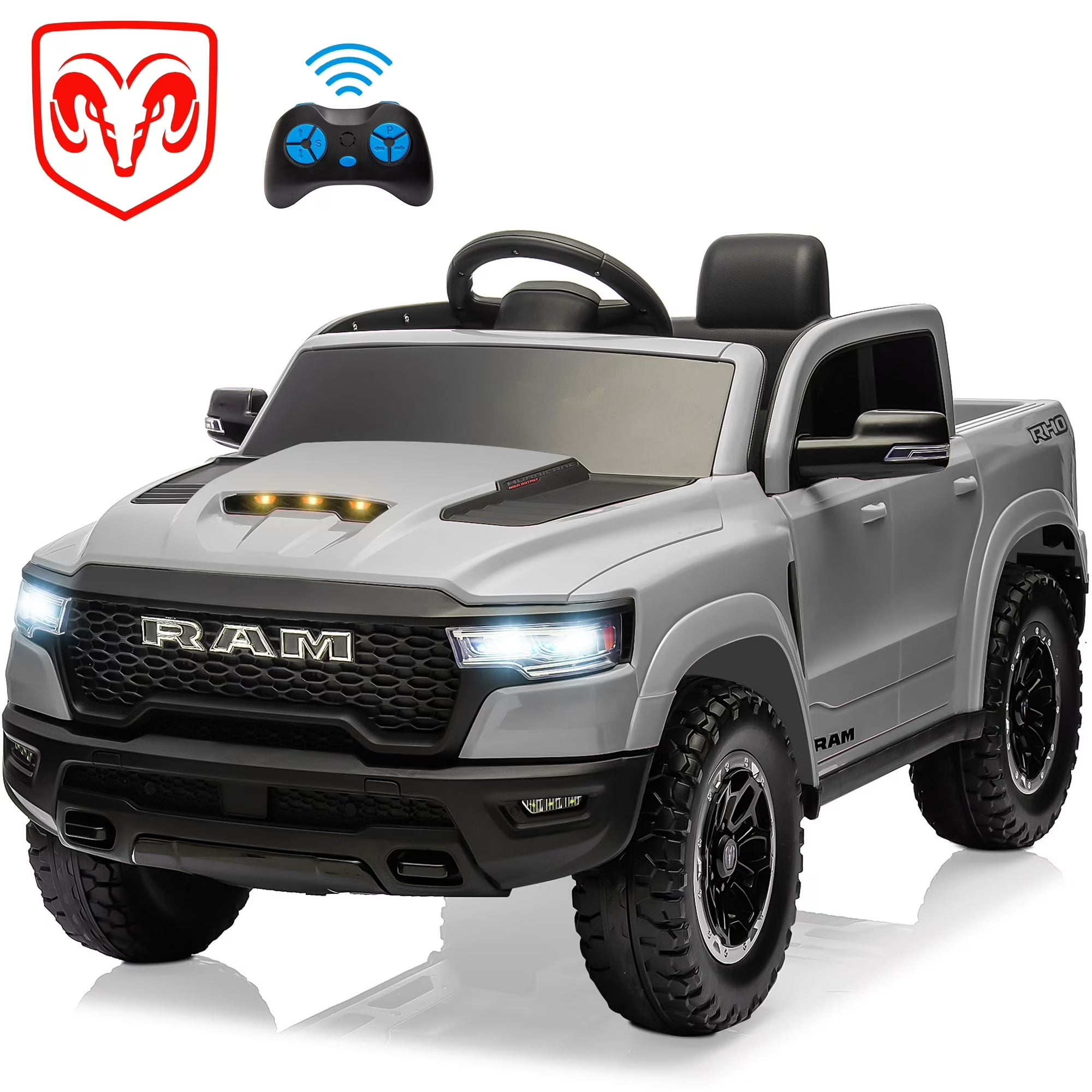 RAM 1500 Ride on Truck Cars, 12V Powered Ride on Toys with Remote Control, 4 Wheel Suspension Electric Cars for 3-5 Yrs Boy Girl W/Key Switch, Safety Belt, Music, Bluetooth, LED Lights, Blue