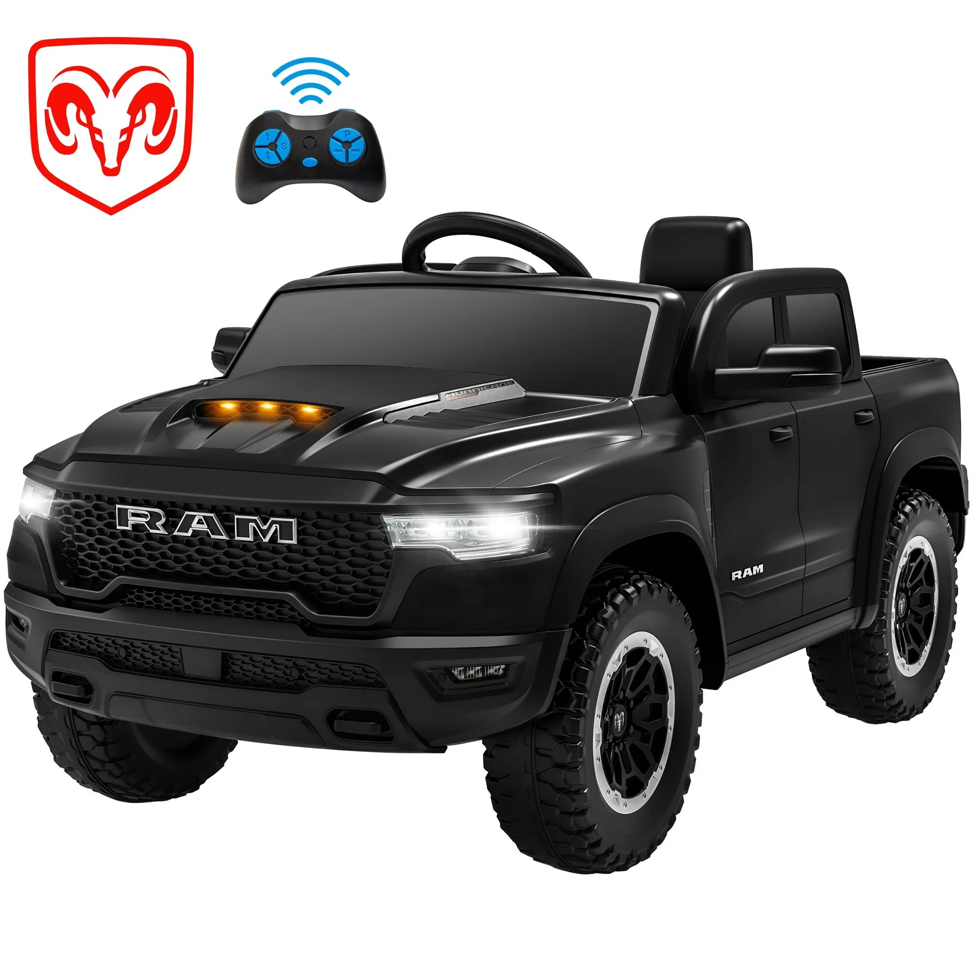 RAM 1500 Ride on Truck Cars, 12V Powered Ride on Toys with Remote Control, 4 Wheel Suspension Electric Cars for 3-5 Yrs Boy Girl W/Key Switch, 5 Point Safety Belt, Music, Bluetooth, LED Lights, Black