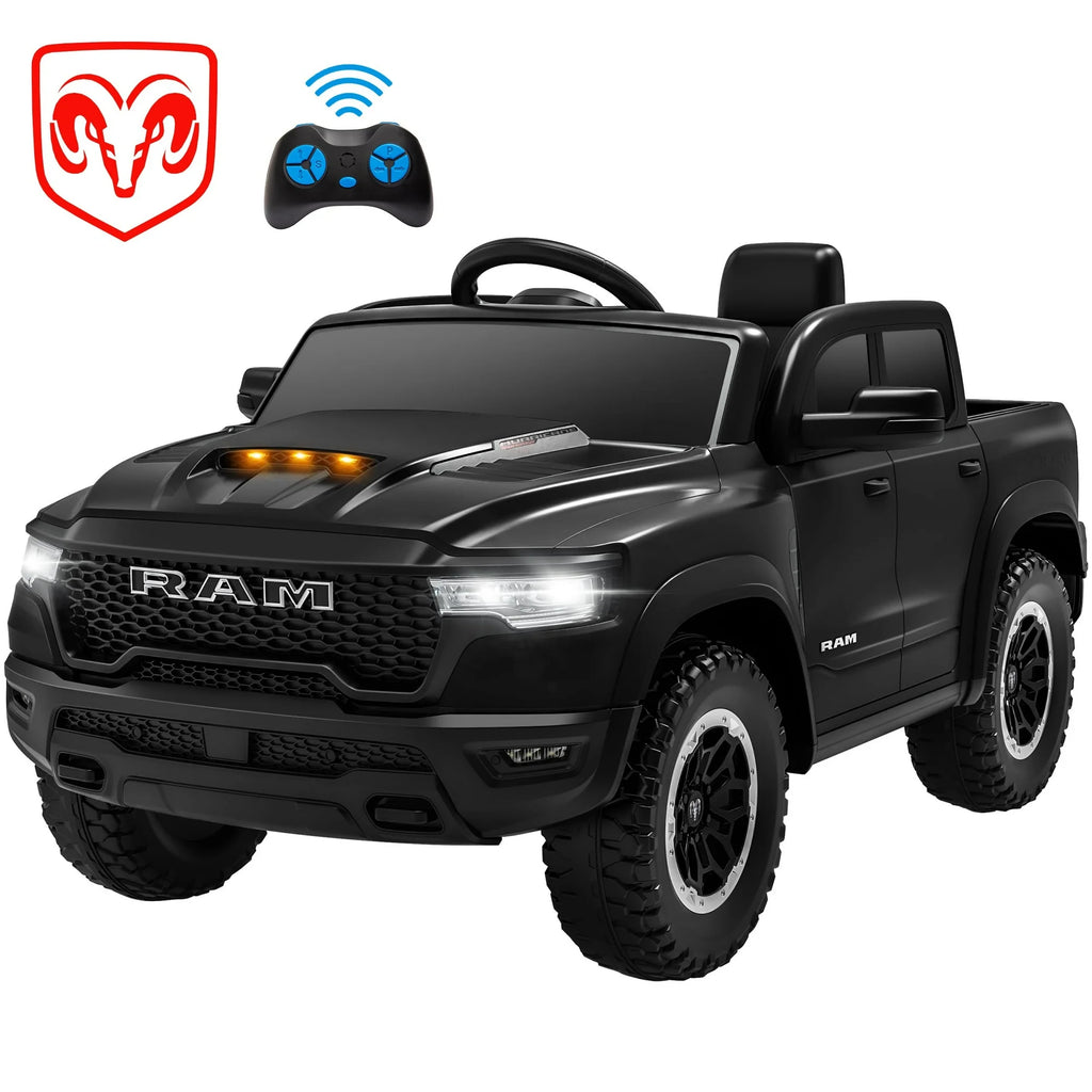 RAM 1500 Ride on Truck Cars, 12V Powered Ride on Toys with Remote Control, 4 Wheel Suspension Electric Cars for 3-5 Yrs Boy Girl W/Key Switch, Safety Belt, Music, Bluetooth, LED Lights, Black