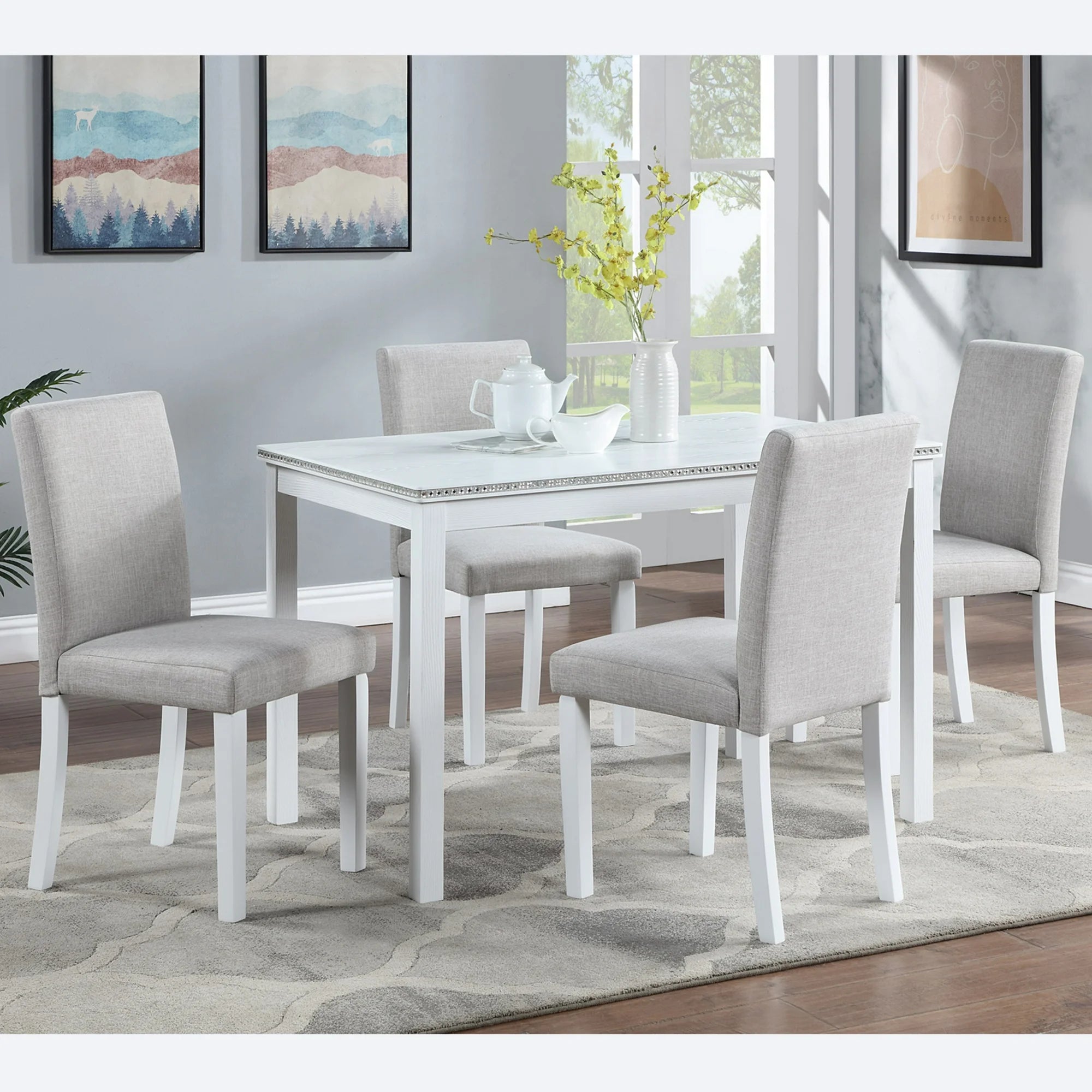 UHOMEPRO 5 Piece Dining Table Set, Modern Dining Table Sets with Rectangular Table and 4 Fabric Upholstered Chairs, Dining Set for Kitchen and Dining Room, White
