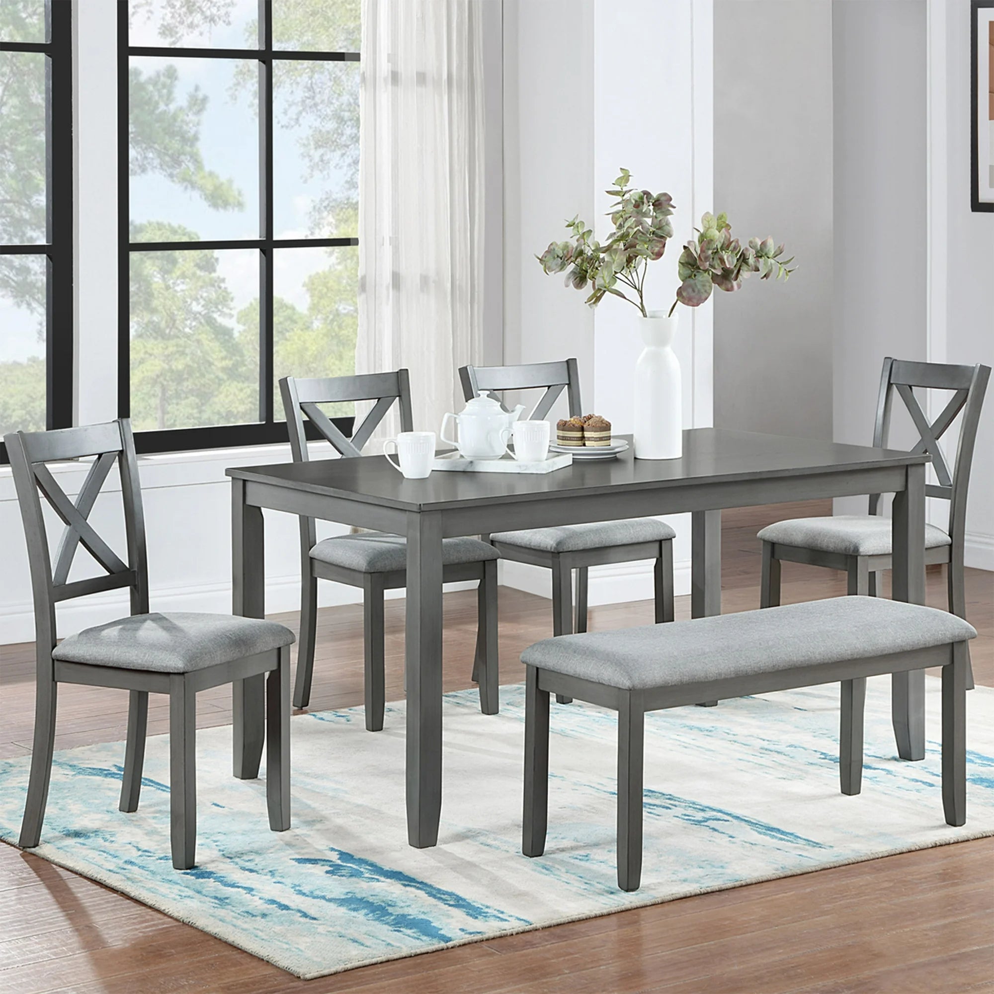 UHOMEPRO 6 Piece Dining Table Set with Bench and Chairs, Dining Table Set for 6, Rectangular Wooden Dining Table with 4 Upholstered Chairs and Bench, Dining Room Set for Kitchen, Gray