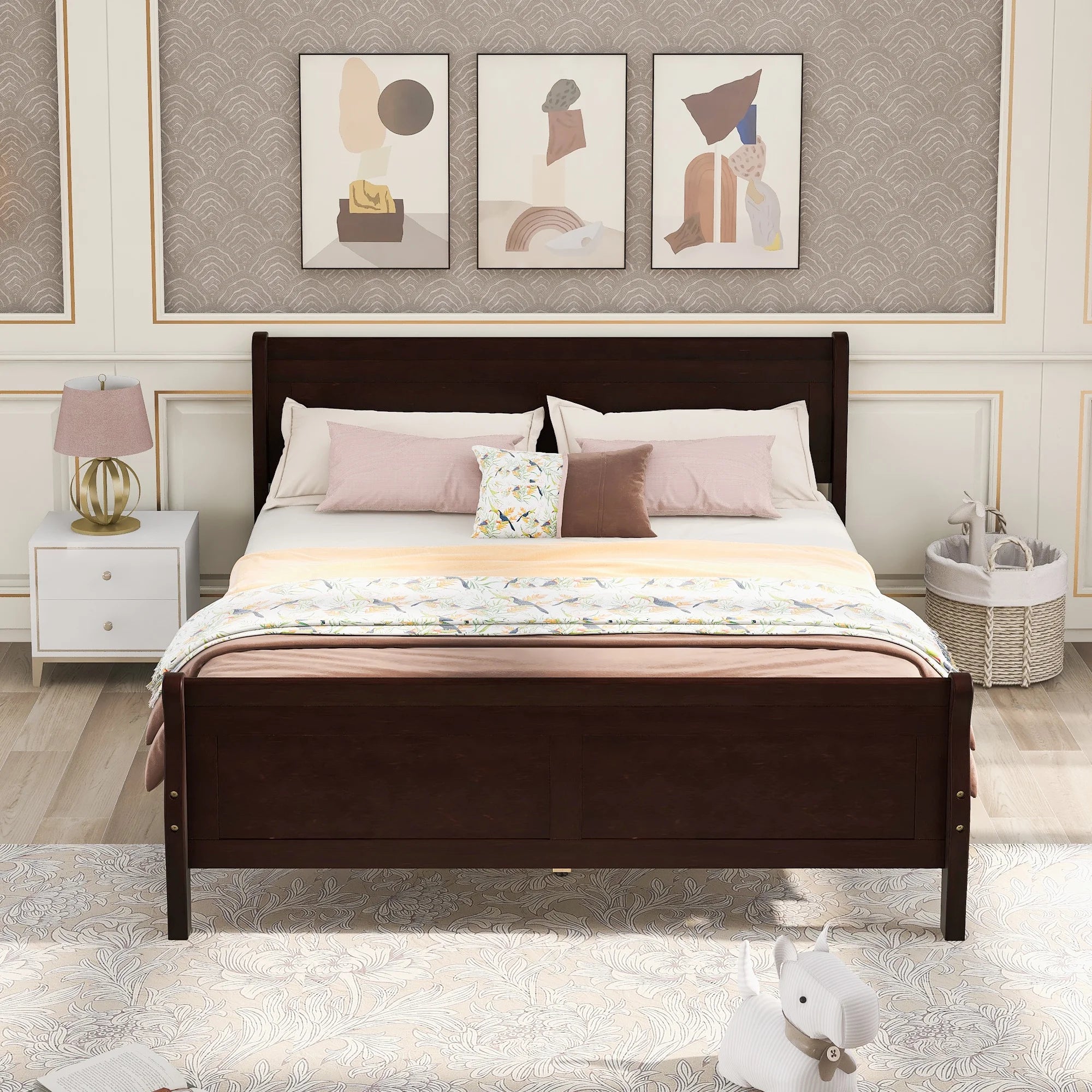 UHOMEPRO Twin Size Bed Frame with Headboard | Solid Wood Platform Bed Frame, No Box Spring Needed | 500 lbs Capacity (Modern White)
