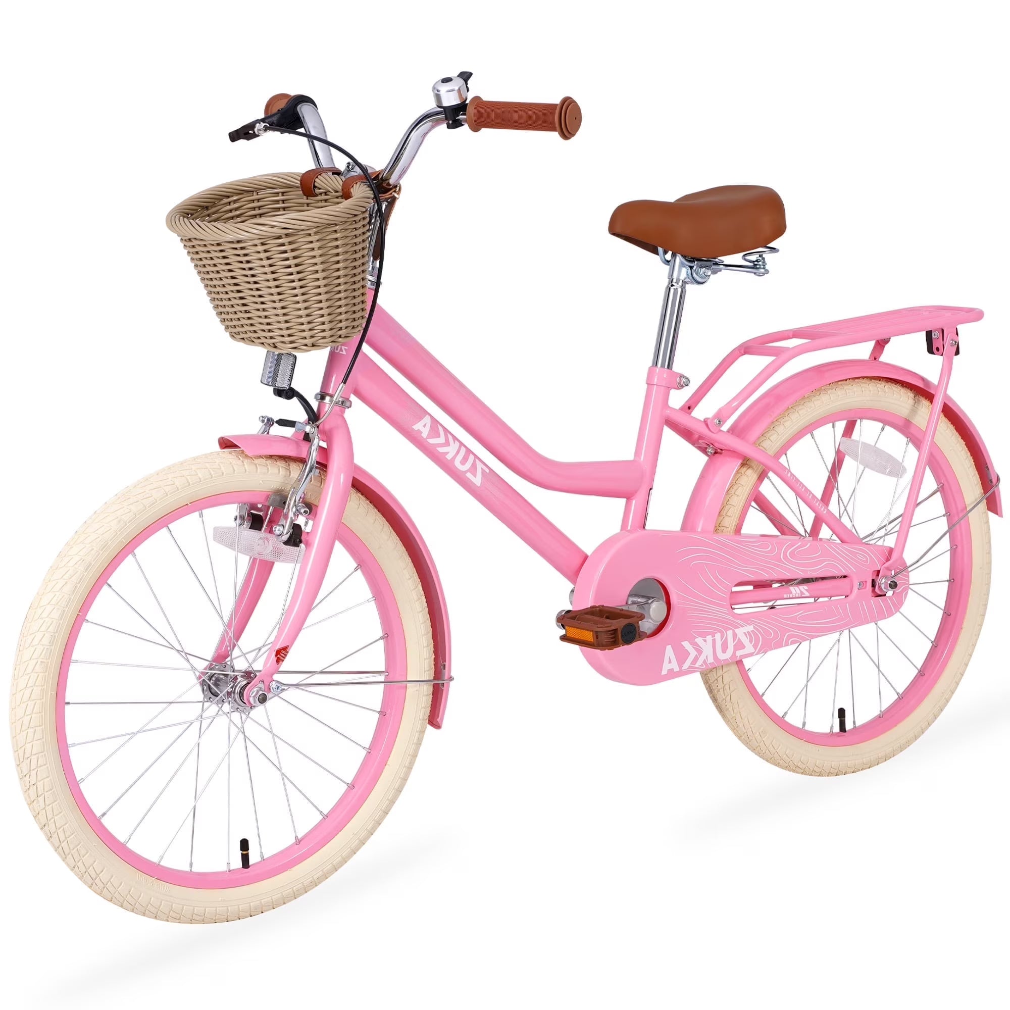 Girls Bike with Basket for Kids 7-10, 20" Kids' Bicycles Leather Saddle & Safety Bell, Pink