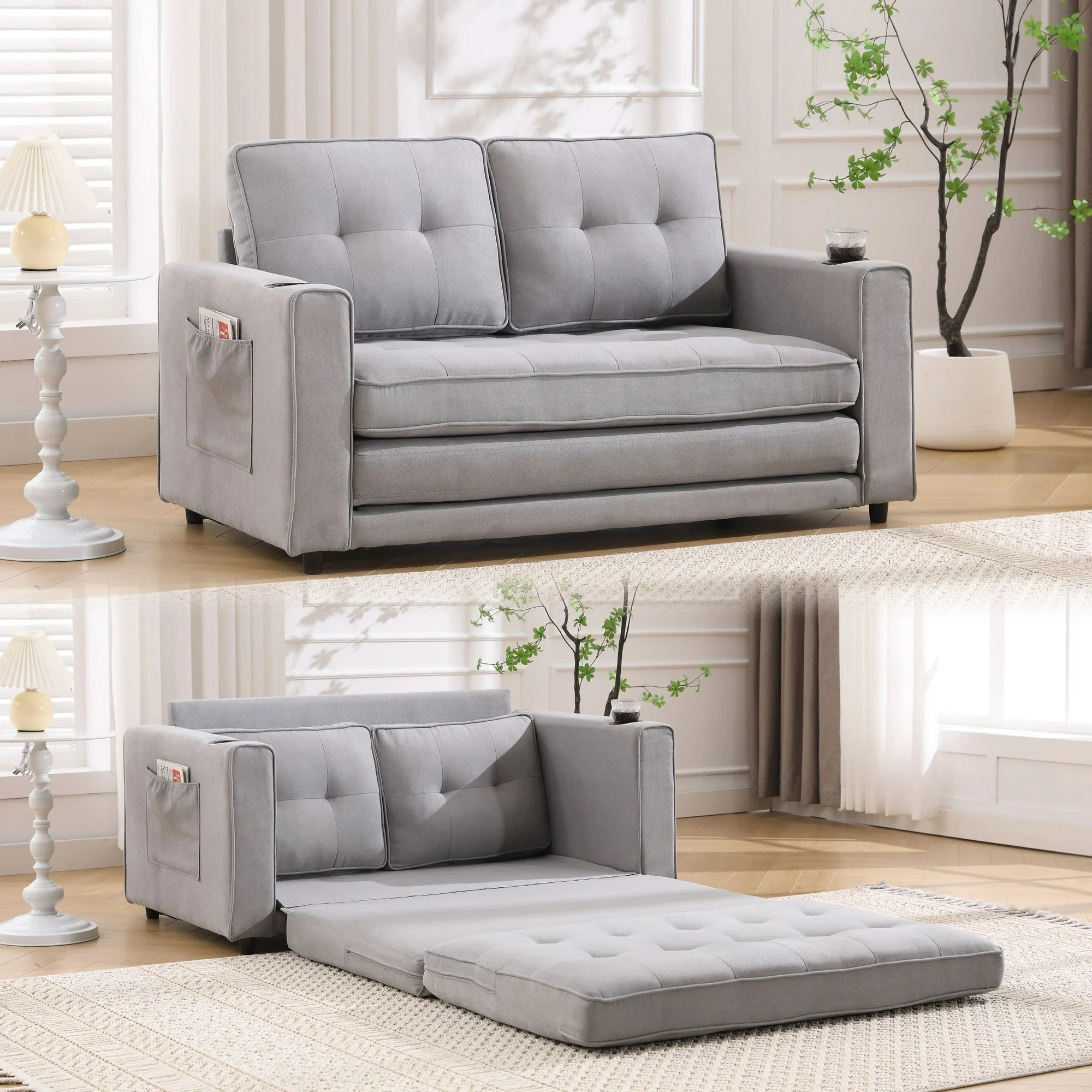 UHOMEPRO Convertible Futon Sofa Bed, Pull Out Loveseat Sleeper Sofa with Side Pockets and Cup Holders, Comfy 3-in-1 Foldable Sofa Couch, Upholstered Floor Couch for Living Room Apartment, Beige